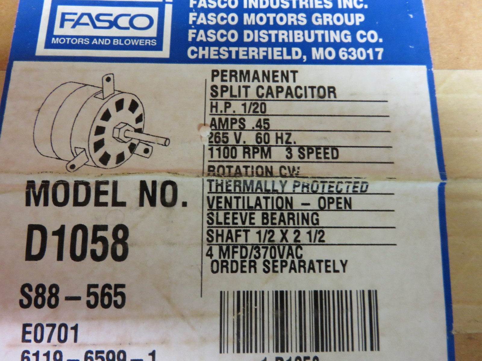 FASCO D1058 ELECTRIC MOTOR 1/20 HP 265 VOLT PART# 7186-0016