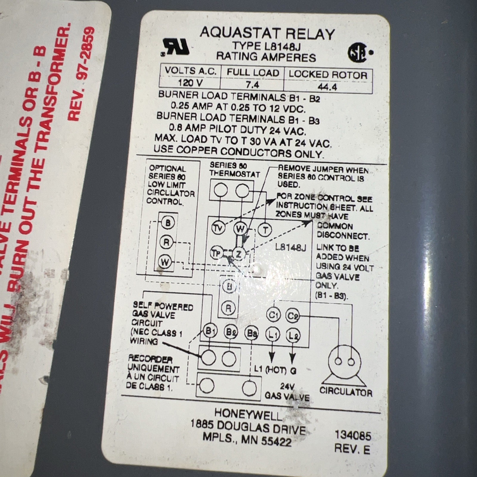 HONEYWELL AQUASTAT RELAY L8148J 1009
