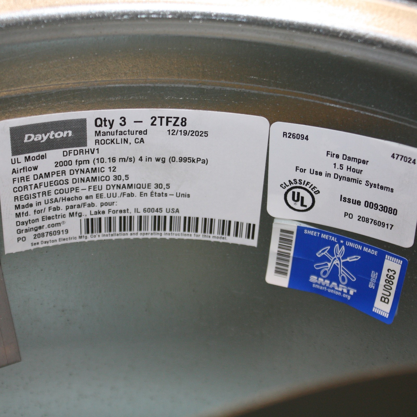 Dayton Fire Damper 2TFZ8, 12″ Diameter Duct, Butterfly, 90 min, Galvanized Steel