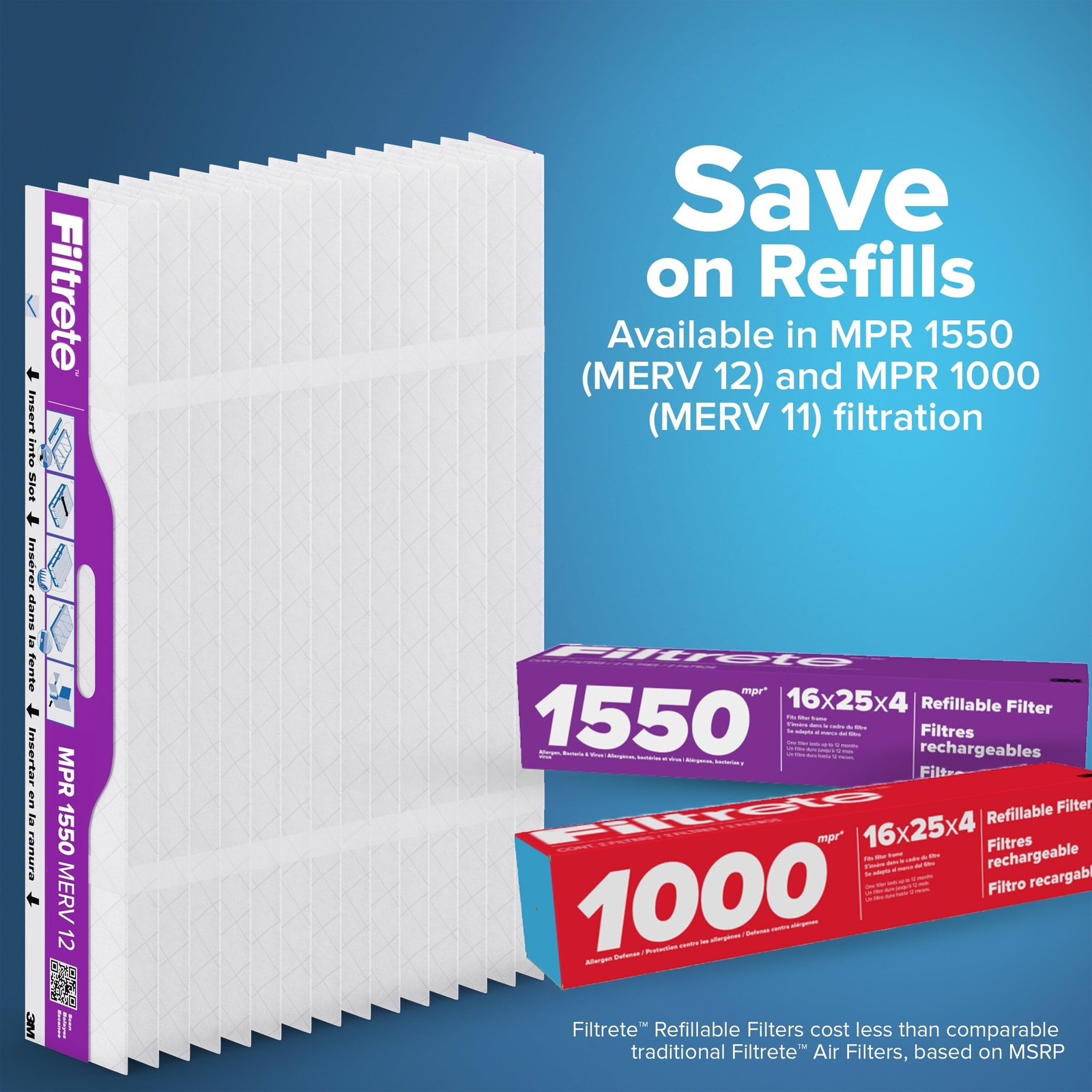 Filtrete 20x25x4 Refillable Air Filter Starter Kit, MPR 1550, 20x25x4, White