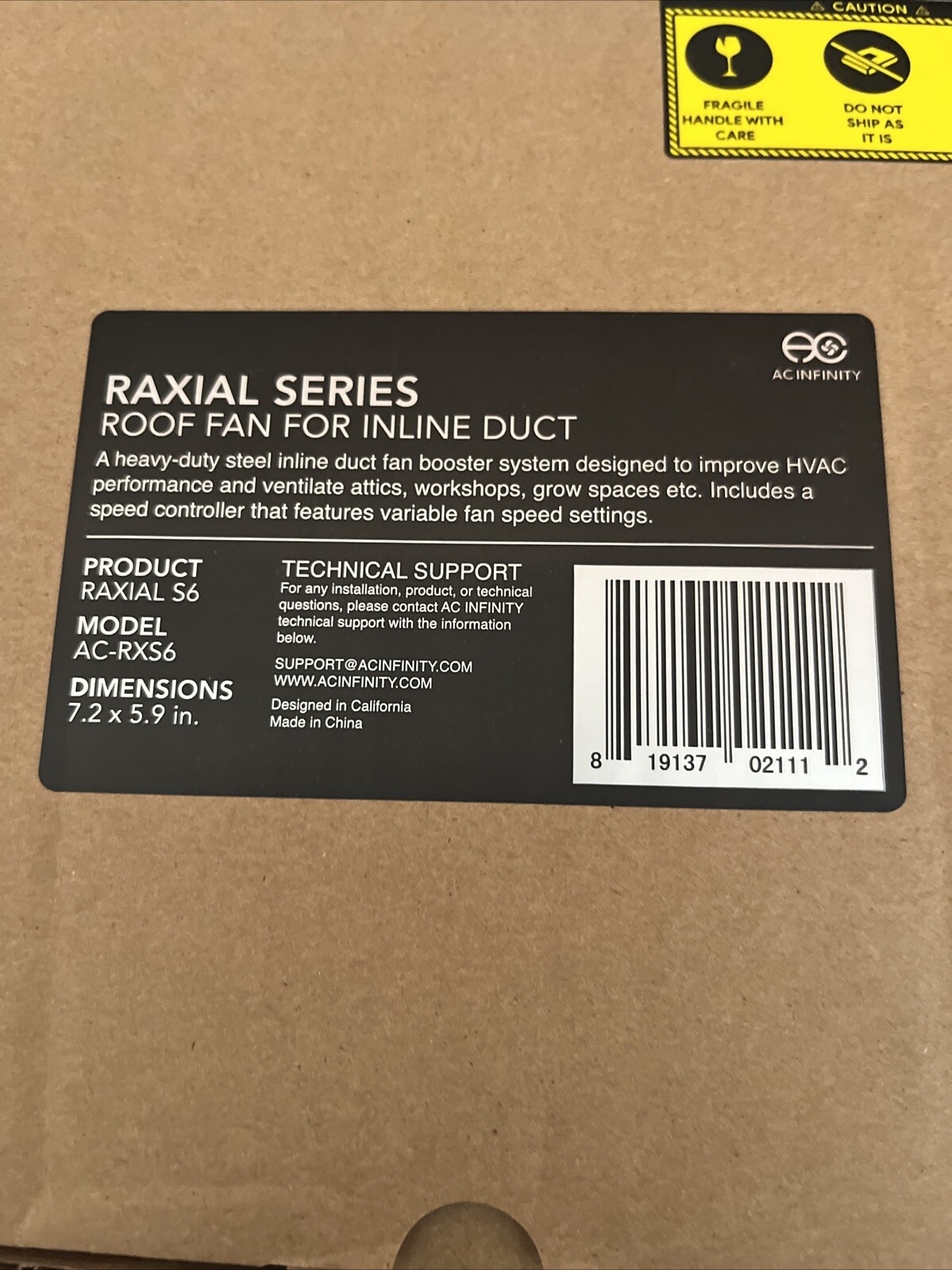AC Infinity Raxial S6 Inline Duct Booster Fan with Speed Controller