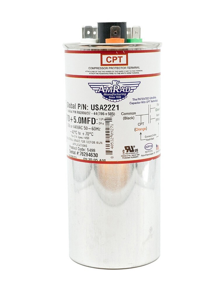 MARS USA2221 AmRad 70/5 MFD 370/440V Round Motor Dual Run Capacitor, Made in USA