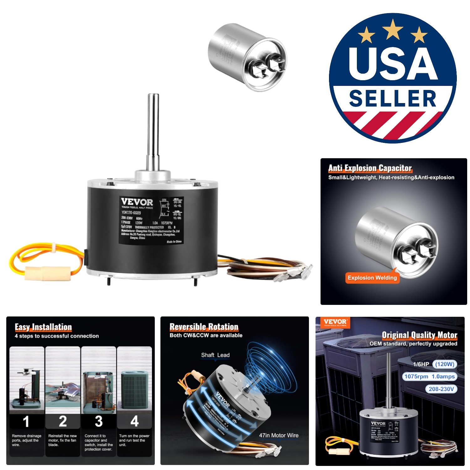 Upgrade Your AC: 1/6HP 1075RPM Condenser Motor with Auto Reversible Rotation