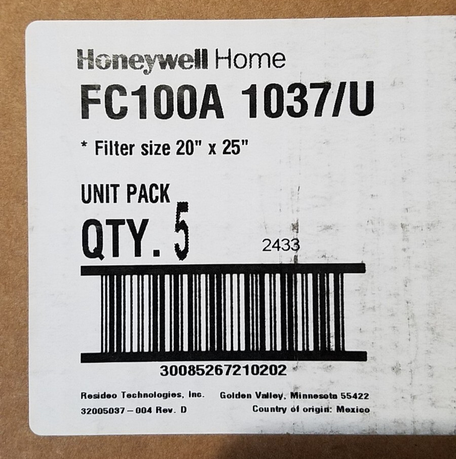 Honeywell Home FC100A 1037/U 11 MERV Replacement Furnace Filter 20x25x4, PK 5