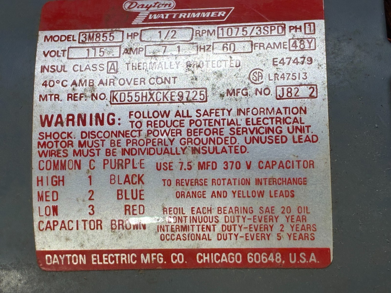 NEW OLD STOCK DAYTON HVAC 3M855 FURNACE AIR HANDLER BLOWER MOTOR 1/2 HP 3 SPEED