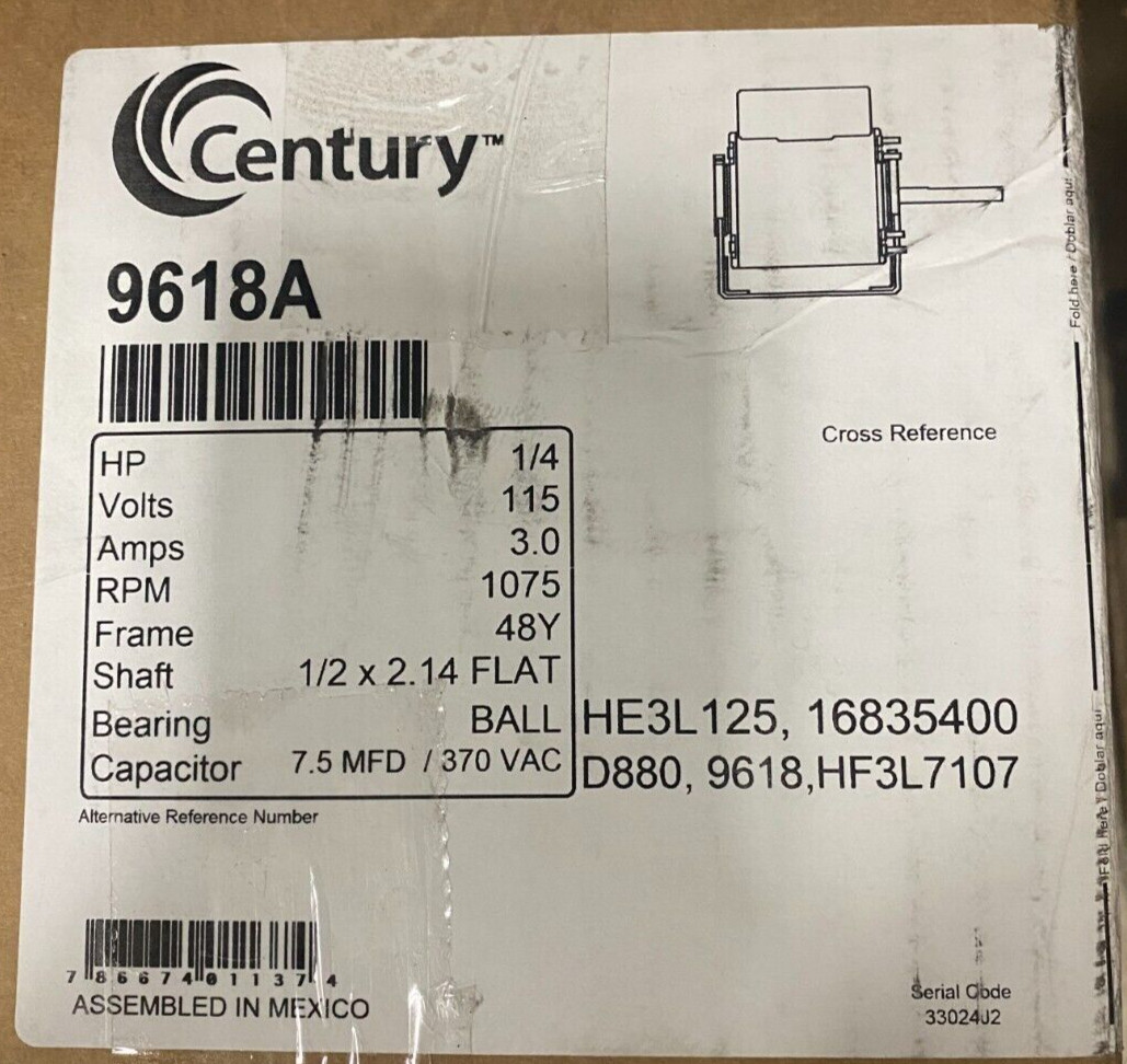 Century 9618A 1/4 HP 1075 RPM 115V Single Phase 48Y Condensor Fan Motor