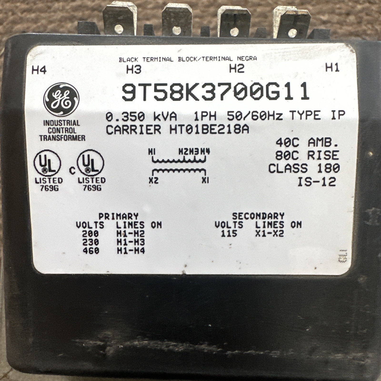 Carrier HT01BE218A Voltage Transformer 0.350 KVA 1PH GE 9T58K3700G11