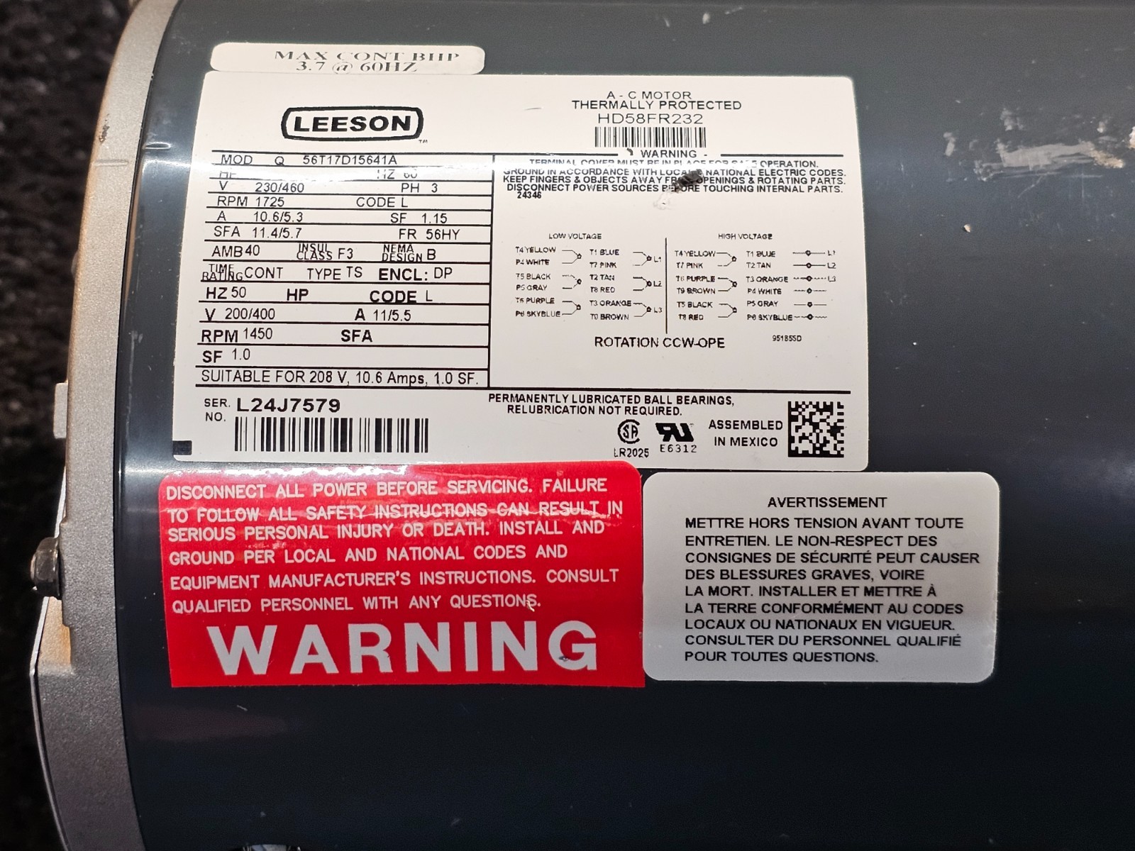 Leeson HD58FR232 56T17D15641A Blower Motor 3.7 HP 230/460 Volt, 60HZ 3 Phase