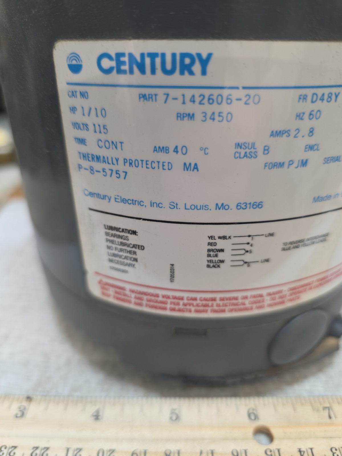 Century Motor – 7-142606-20 / P8-5757 – 1/10 HP, 3450 RPM, 115 V2.8 AMP – NOS