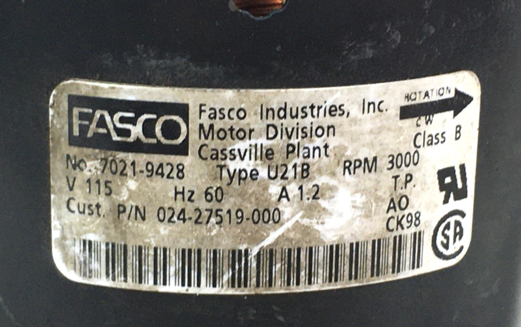 FASCO 7021-9428 Draft Inducer Blower Motor 024-27519-000 115V used #MG360