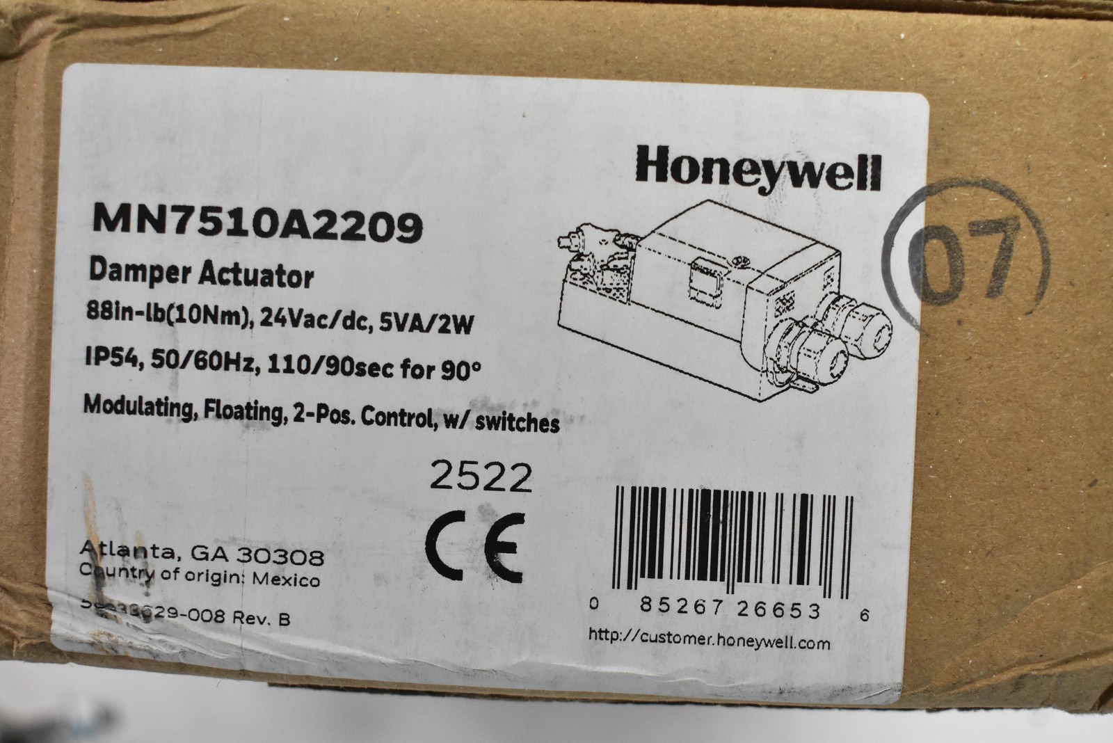 Honeywell MN7510A2209 VAV Damper Actuator 24V Metal Mexico Modulating 2-Pos
