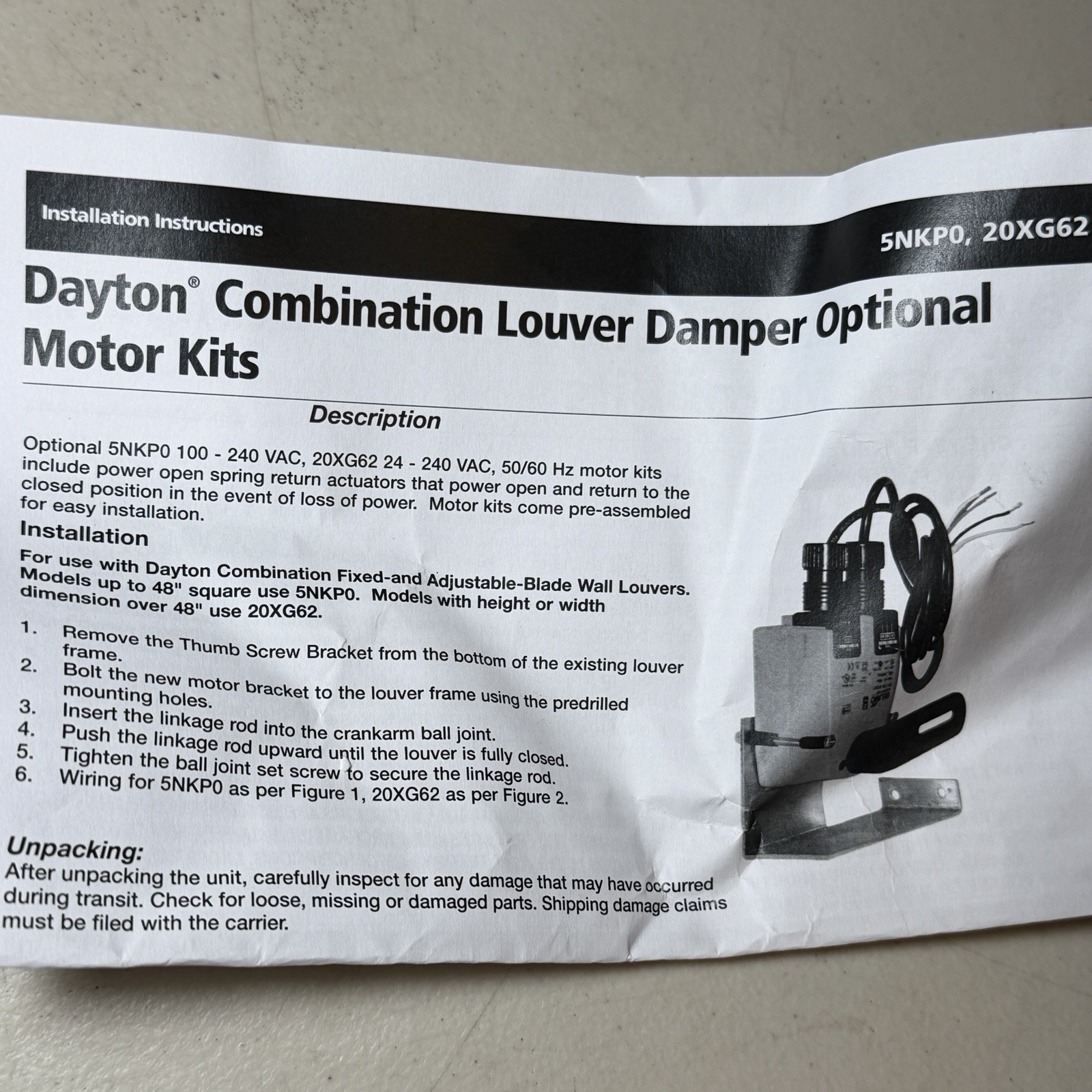 Dayton 5NKP0 Louver Damper Motor Kit, NEW