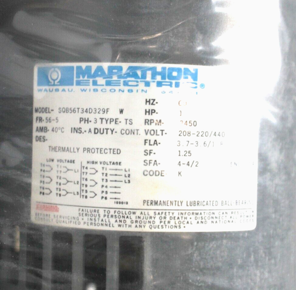 Marathon Electric SQB56T34D329F Motor, 1 HP / 3450 RPM