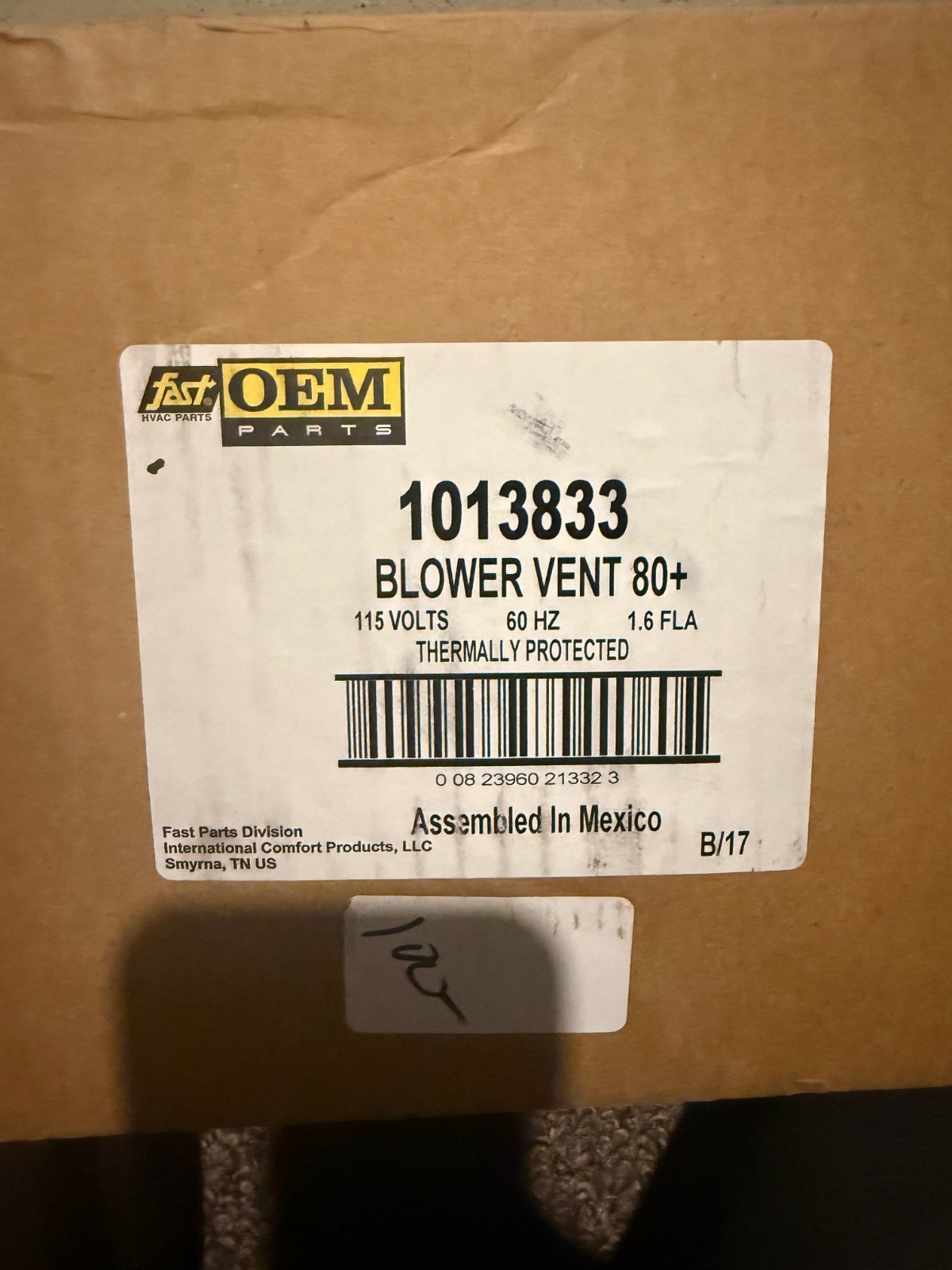 Blower Vent 80+ 115 Volts 60HZ 1.6FLA Thermally Protected 1013833