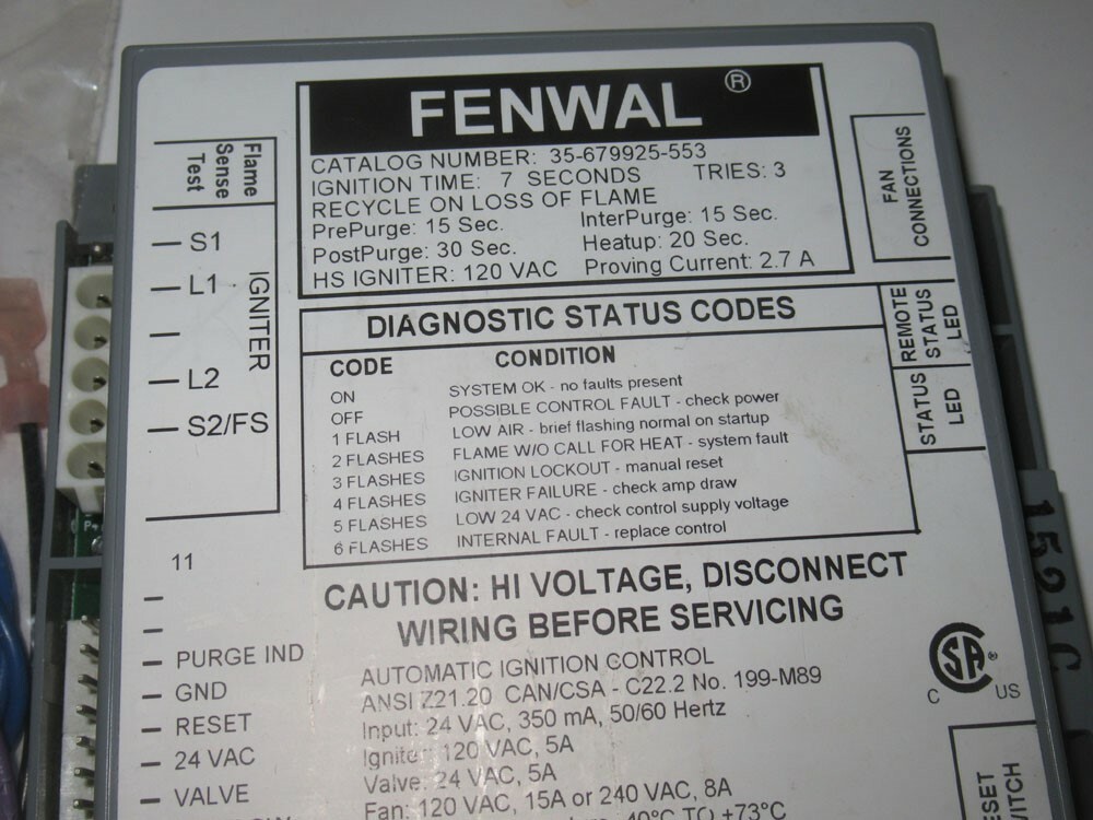 Fenwal 35-679925-553 Gas Ignition Control 24 VAC Proven HSI w/ Blower Relay