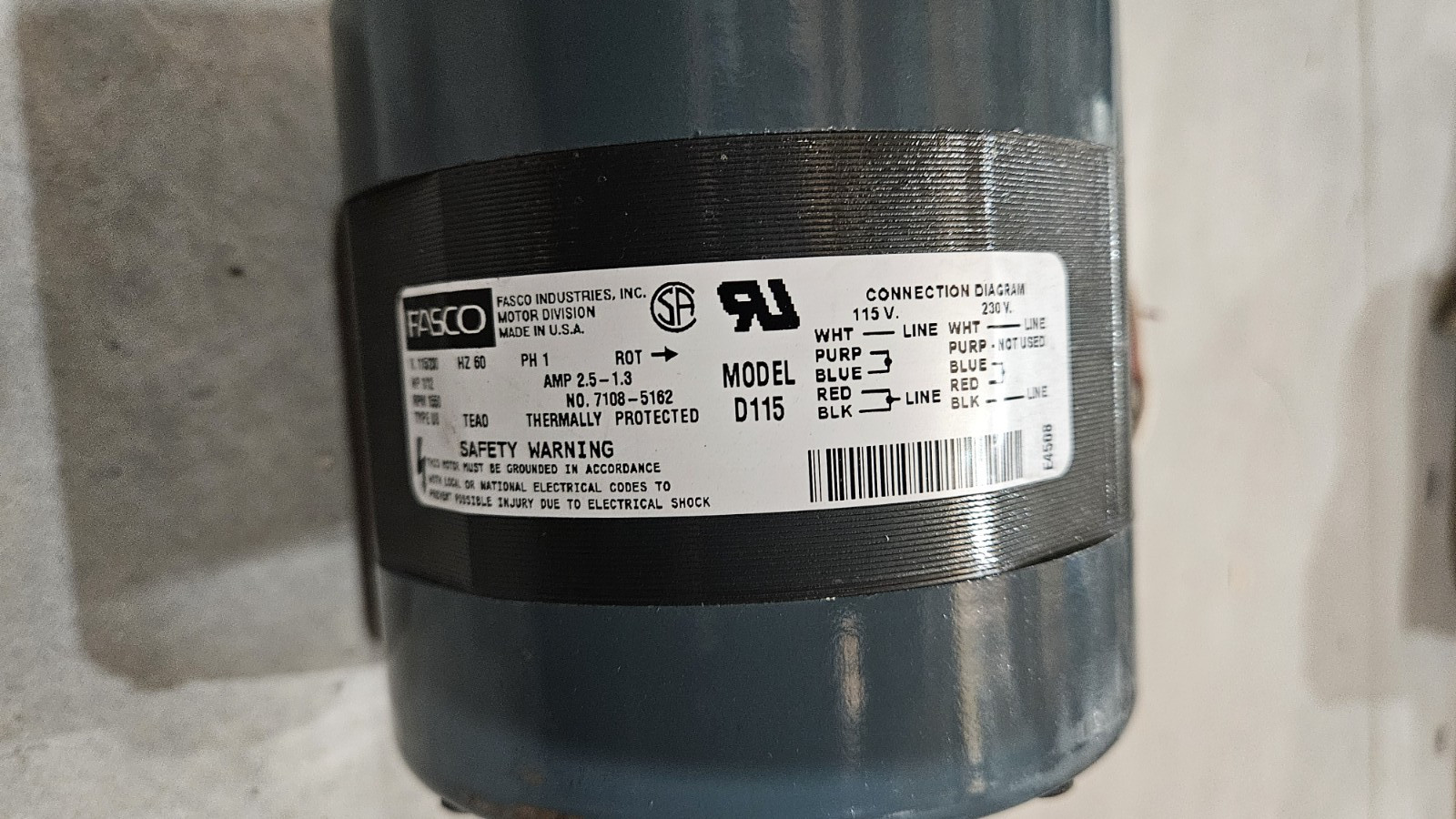Fasco D115 Motor 1/12 HP 115/230V 60HZ 1550 RPM