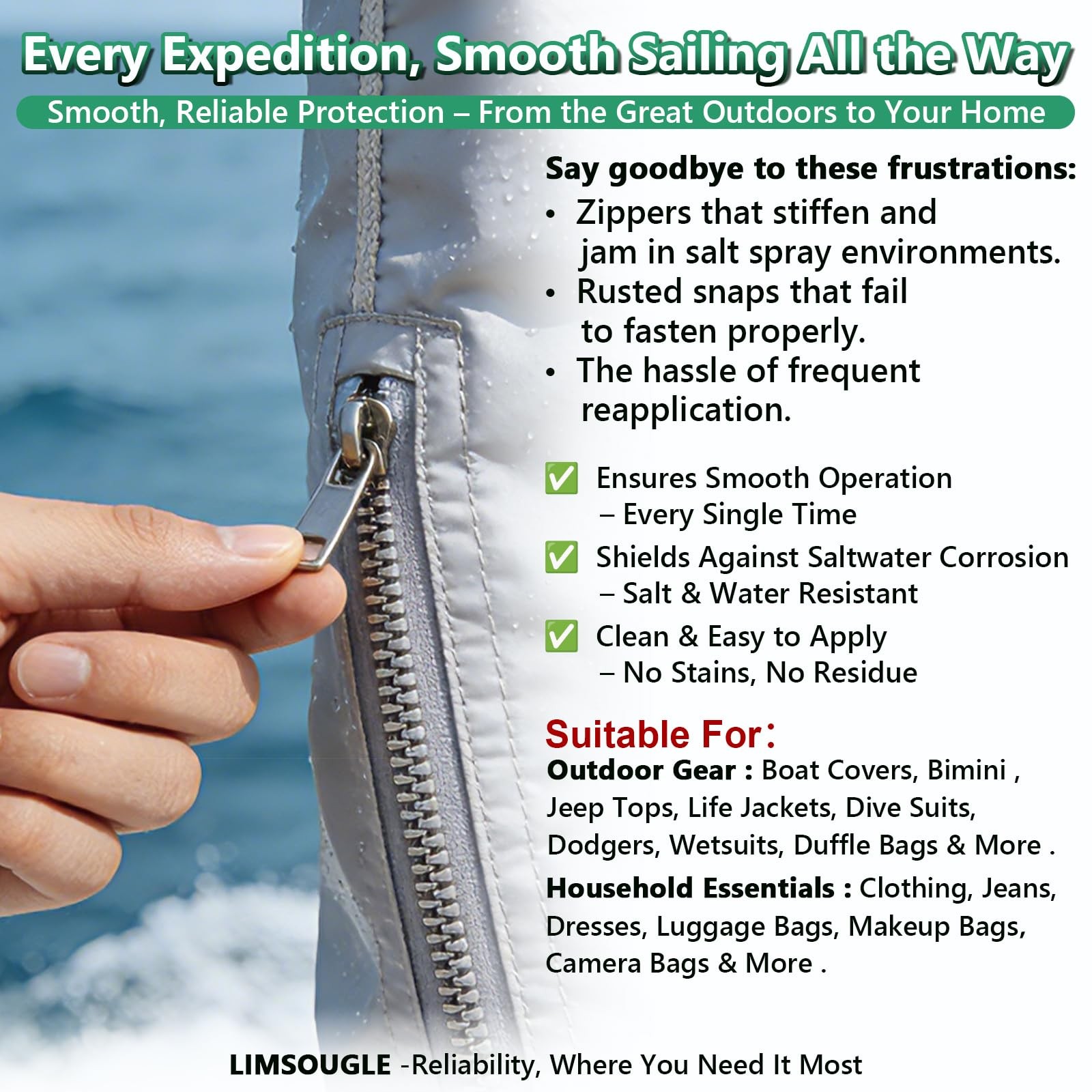 LIMSOUGLE Zipper Lubricant for Plastic & Metal – Non-Staining Lube 1-PACK
