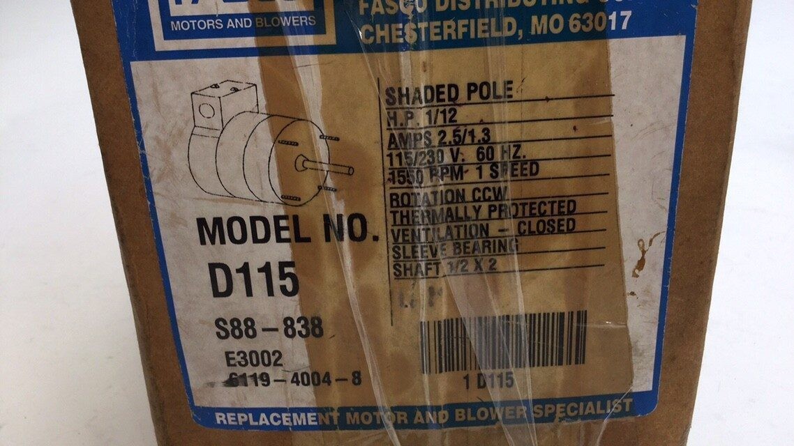 Fasco D115 Motor 1/12 HP 115/230V 60HZ 1550 RPM 1 Speed