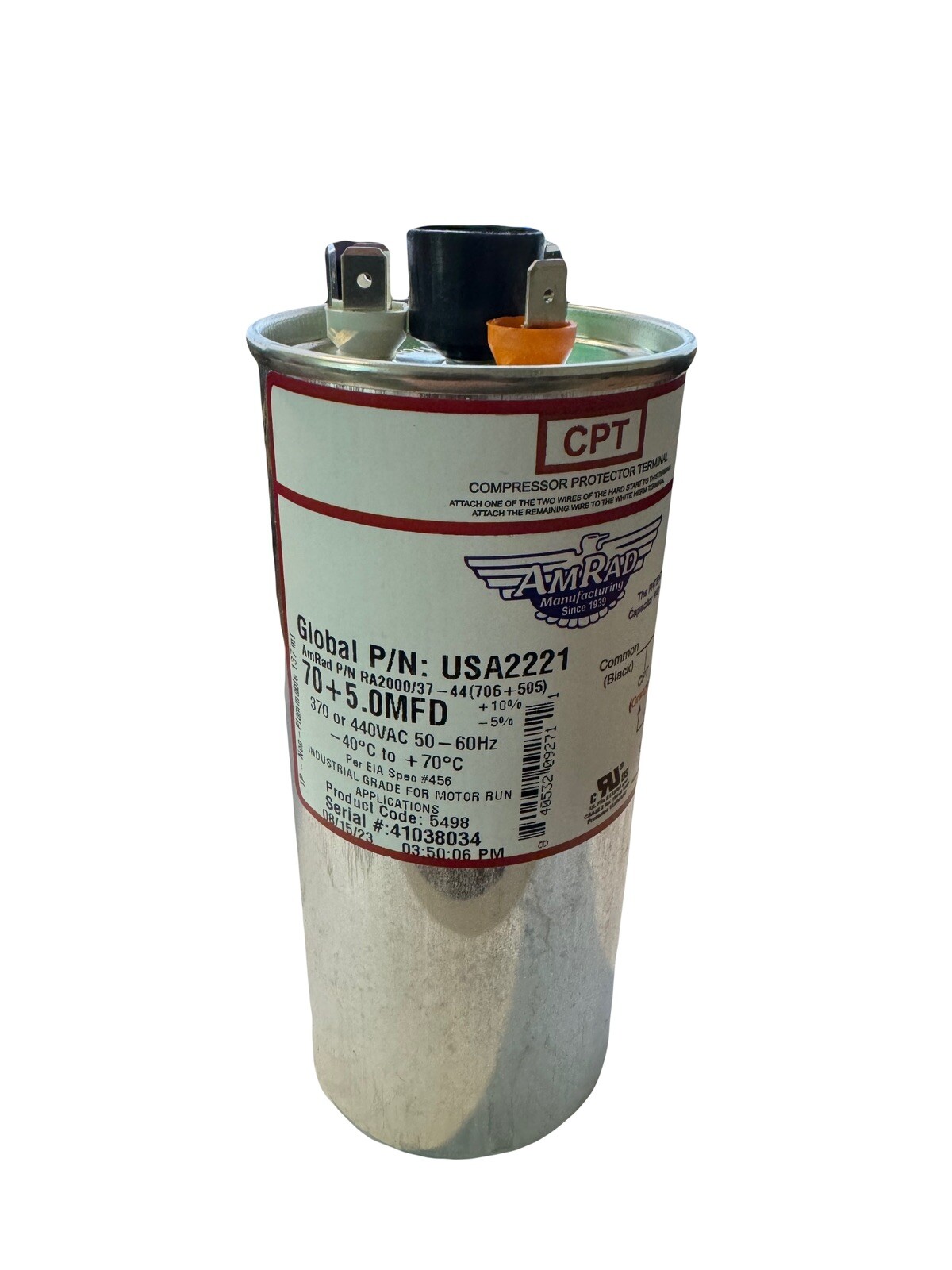 70 + 5 MFD AmRad Run Capacitor – Latest Model 370/440VAC – Genuine USA Made