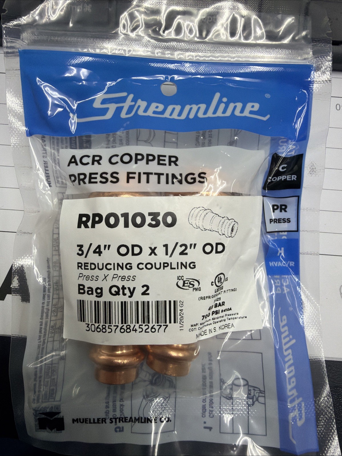 2 Pack Streamline RP01030 Press Fittings. 3/4” X 1/2” Reducing Coupling