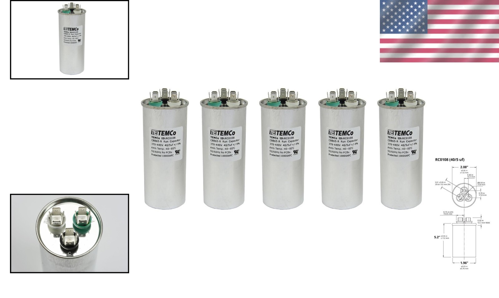 TEMCo 40/5 uF Dual Run Capacitor 370-440V 50/60Hz
