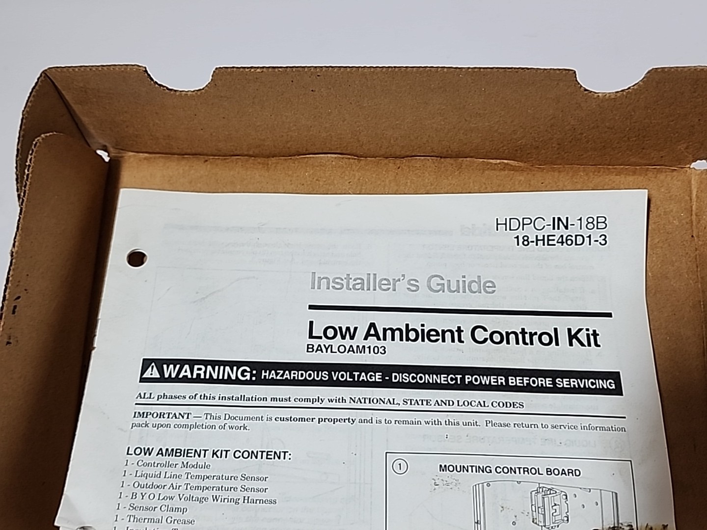 Trane American Standard BAYLOAM103 Low Ambient Control Kit HDPC-IN-18B