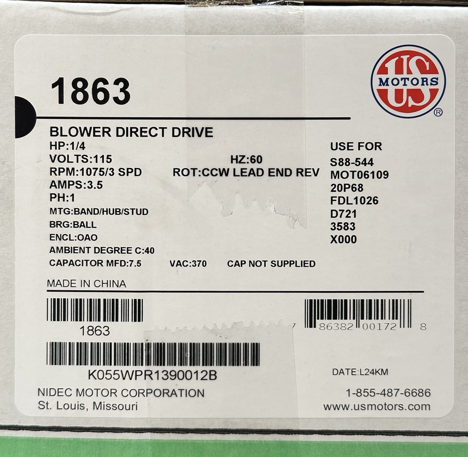 NEW SEALED US MOTORS 1863 1/4 HP Blower MOTOR 115V 1075 RPM 3 SPD EMERSON X000
