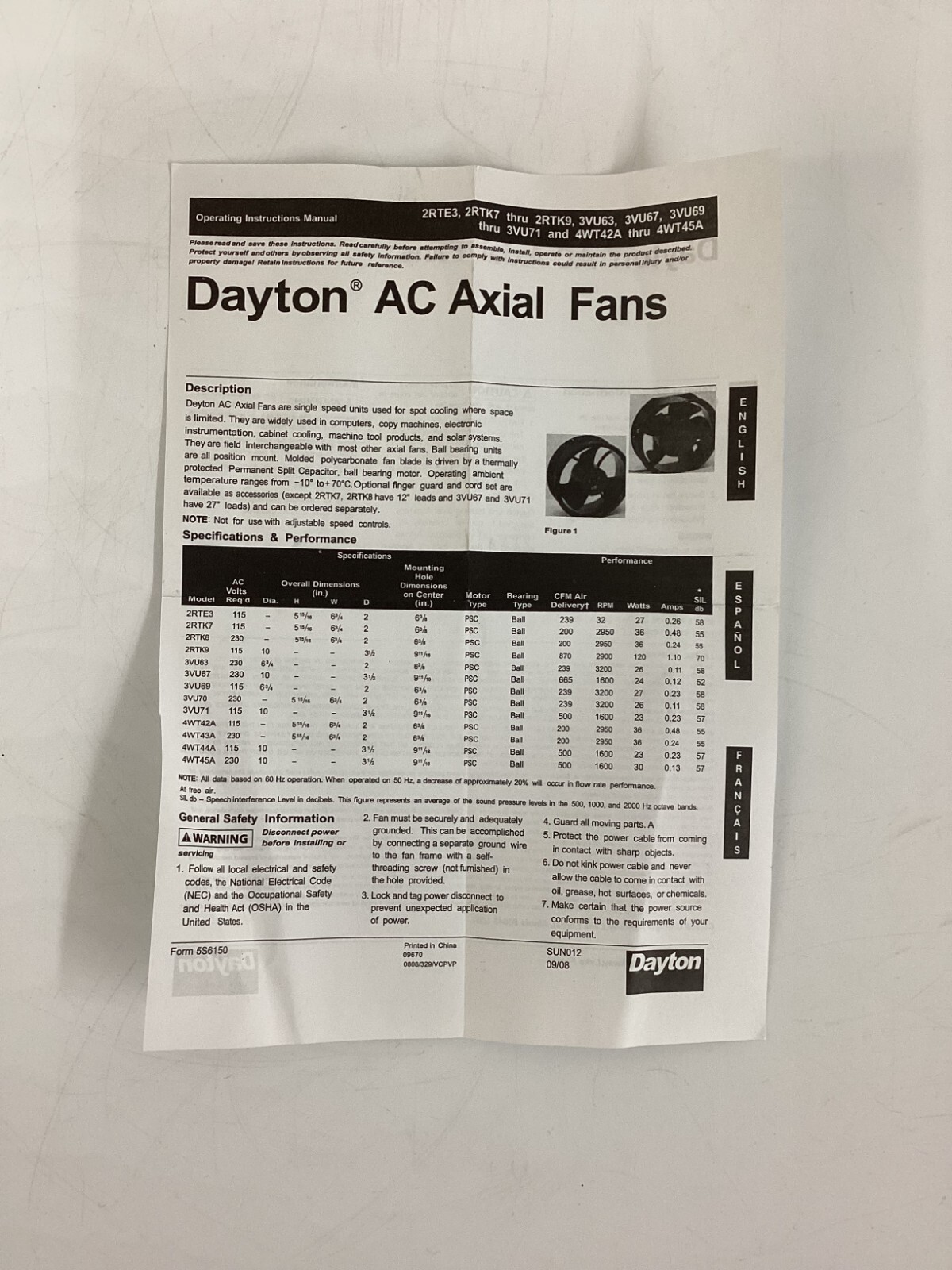 DAYTON 2RTK7 Standard Oblong Axial Fan: 6 3/4 in Ht, 2 in Dp, 124/112 cfm, IP20,
