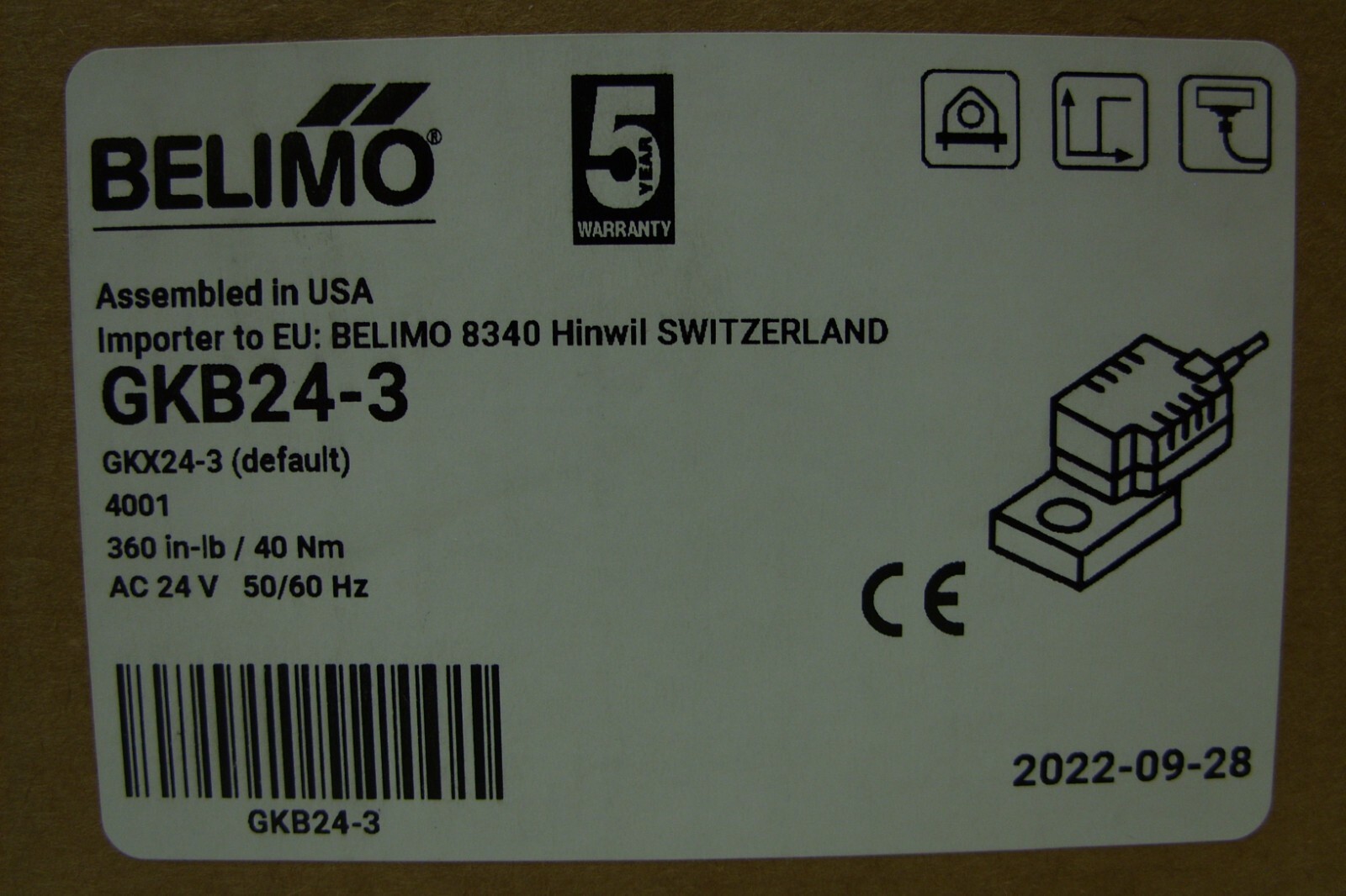 Belimo GKB24-3 HVAC Fail-Safe HVAC Damper Actuator 24V ~ 360 In-Lb ~ NIB