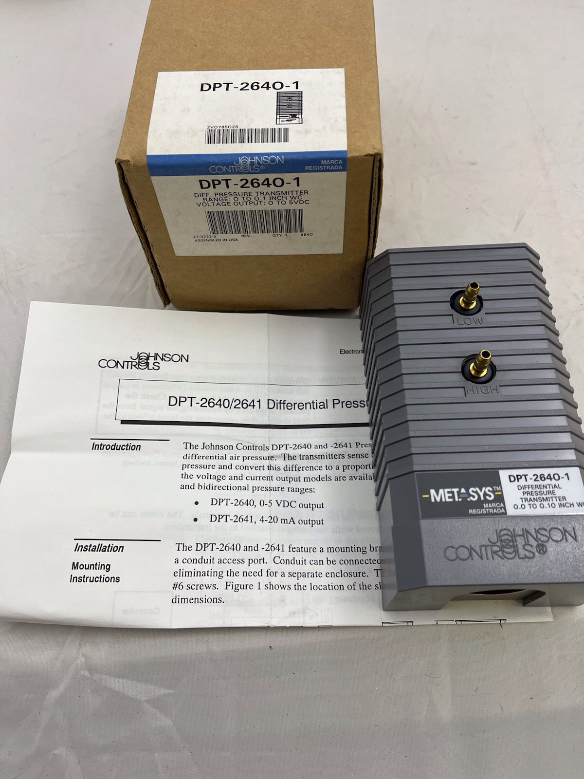 Johnson Controls DPT-2640-1 Range 0.0 – 0.1 ” wc Output 0-5 vdc