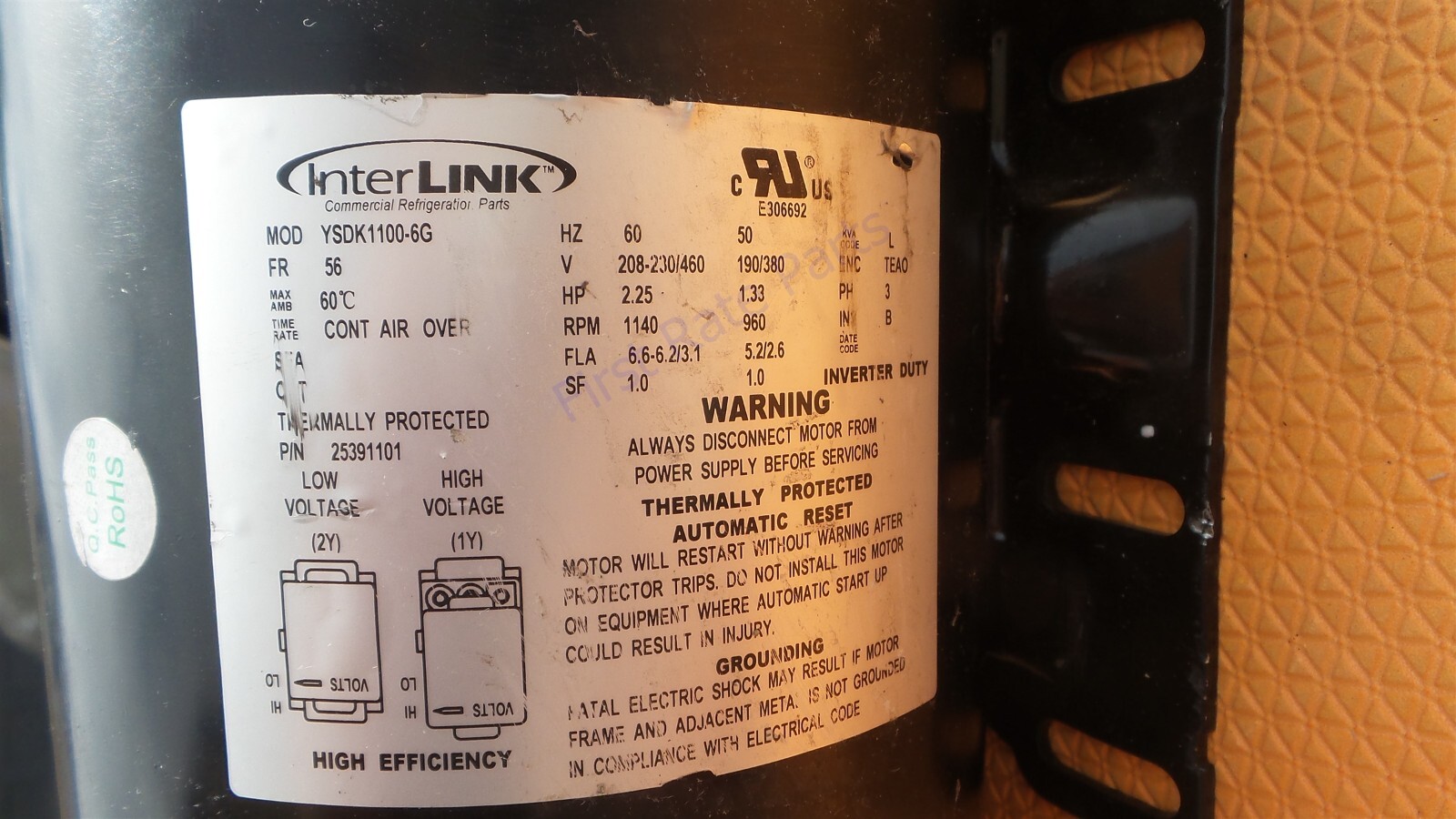 Heatcraft 25391101S Motor 25391101 Interlink YSDK1100-6 2.25 HP 1140 RPM 230 460