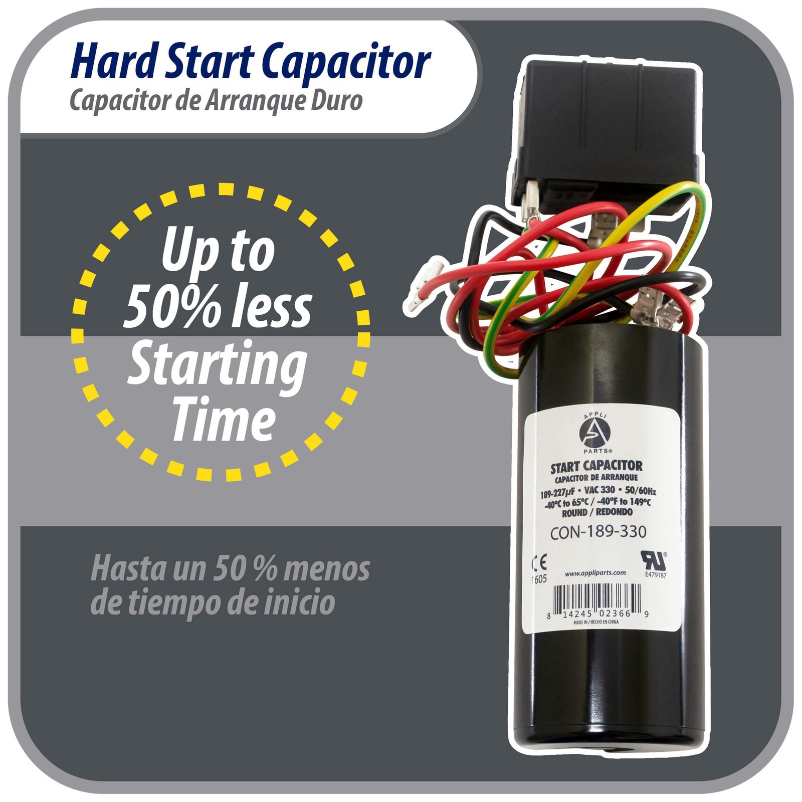 Appli Parts Hard Start kit for air conditioner includes Capacitor 189-227MFD 330