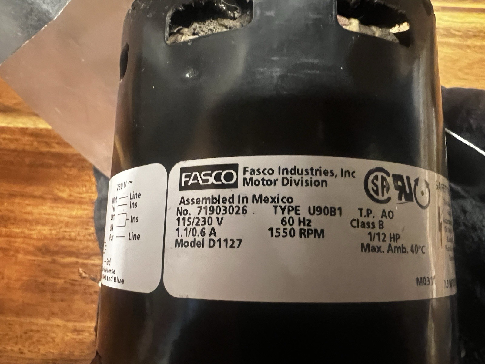 D1127 Fasco Refrigeration Fan Motor 1/12 HP, 115/230V, 1550RPM No. 17903026