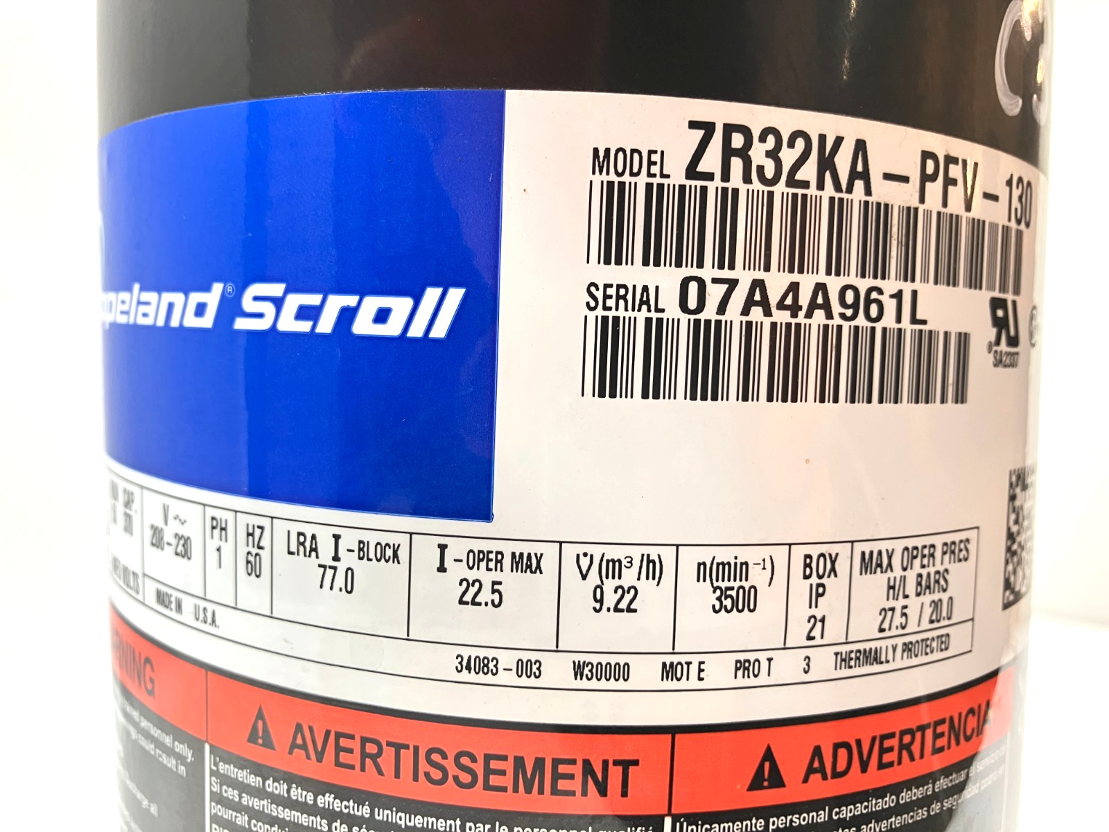 Copeland 2.5 Ton Scroll A/C Condenser Compressor ZR32KA-PFV-130 R-22 used #C33