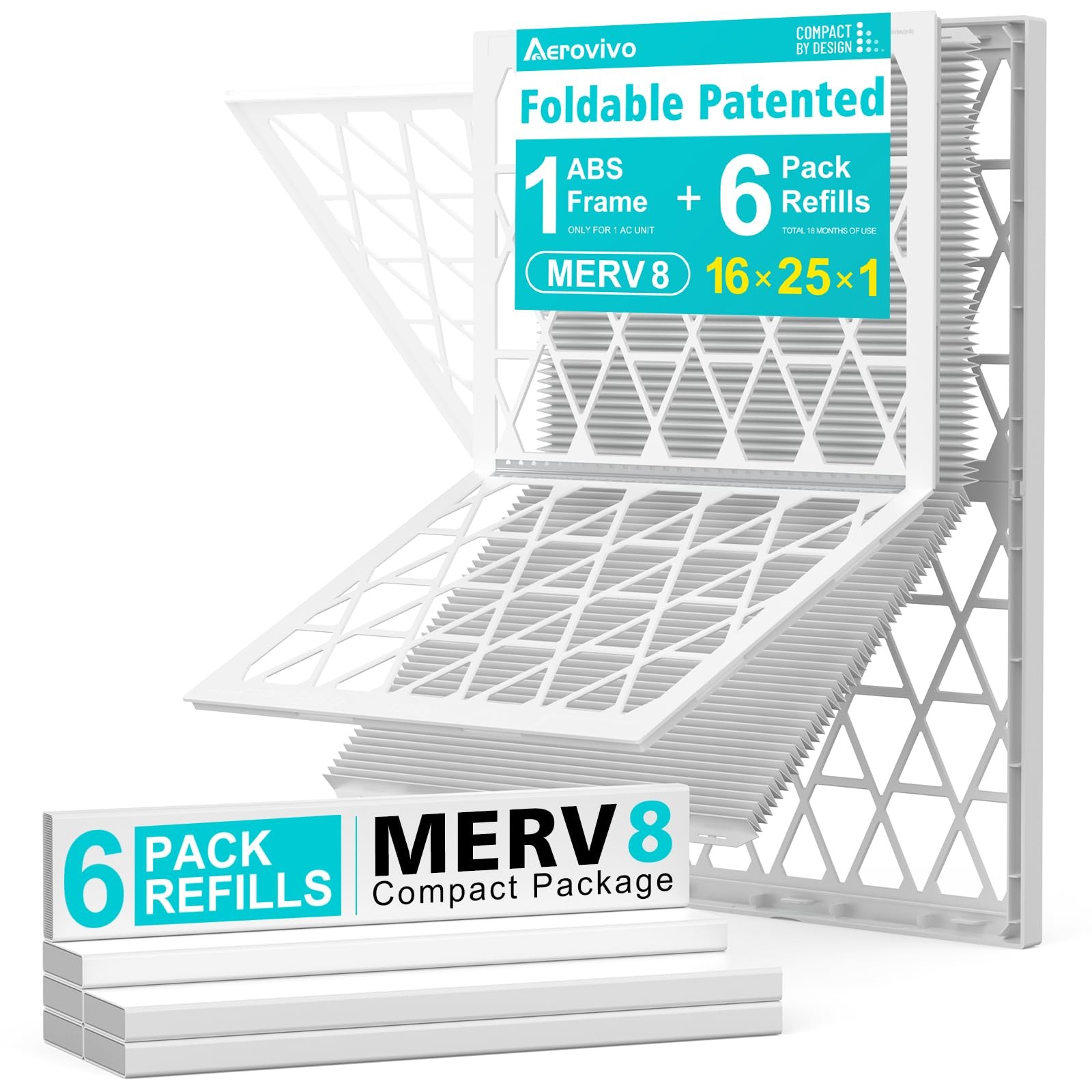 Aerovivo 16X25X1 Refillable Air Filter Kit Merv 8 1 Reusable Foldable 6 Refills