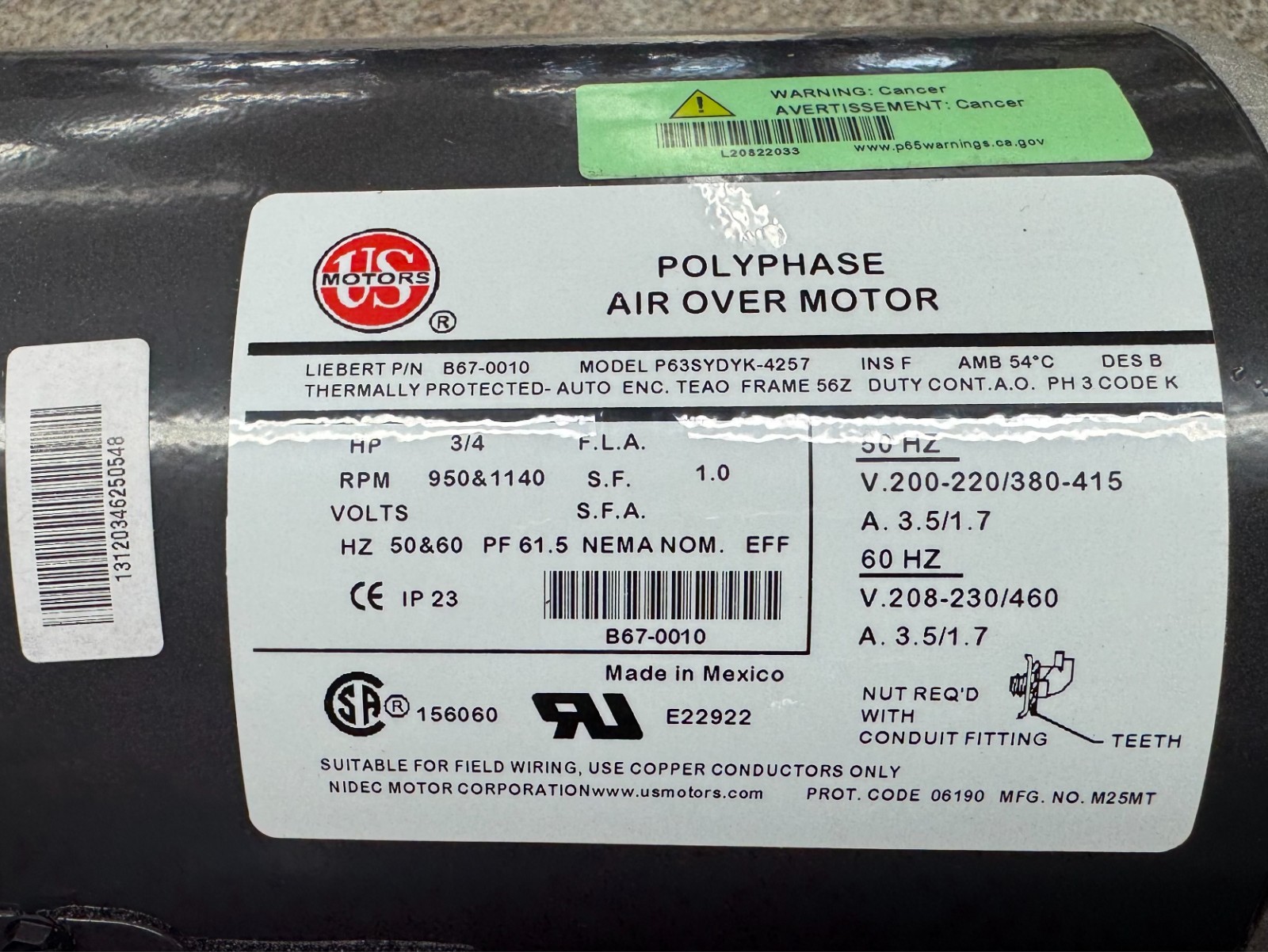 Liebert KIT-B670010 3/4 HP 3 Phase Condenser Fan Motor B67-0010 208-230/460V