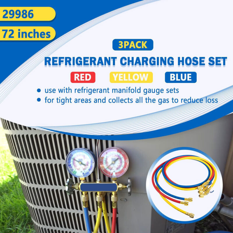 29986 Plus II 1/4″ Red Blue Yellow Charging Hose Compact Ball Valve 72″ 3 Pack
