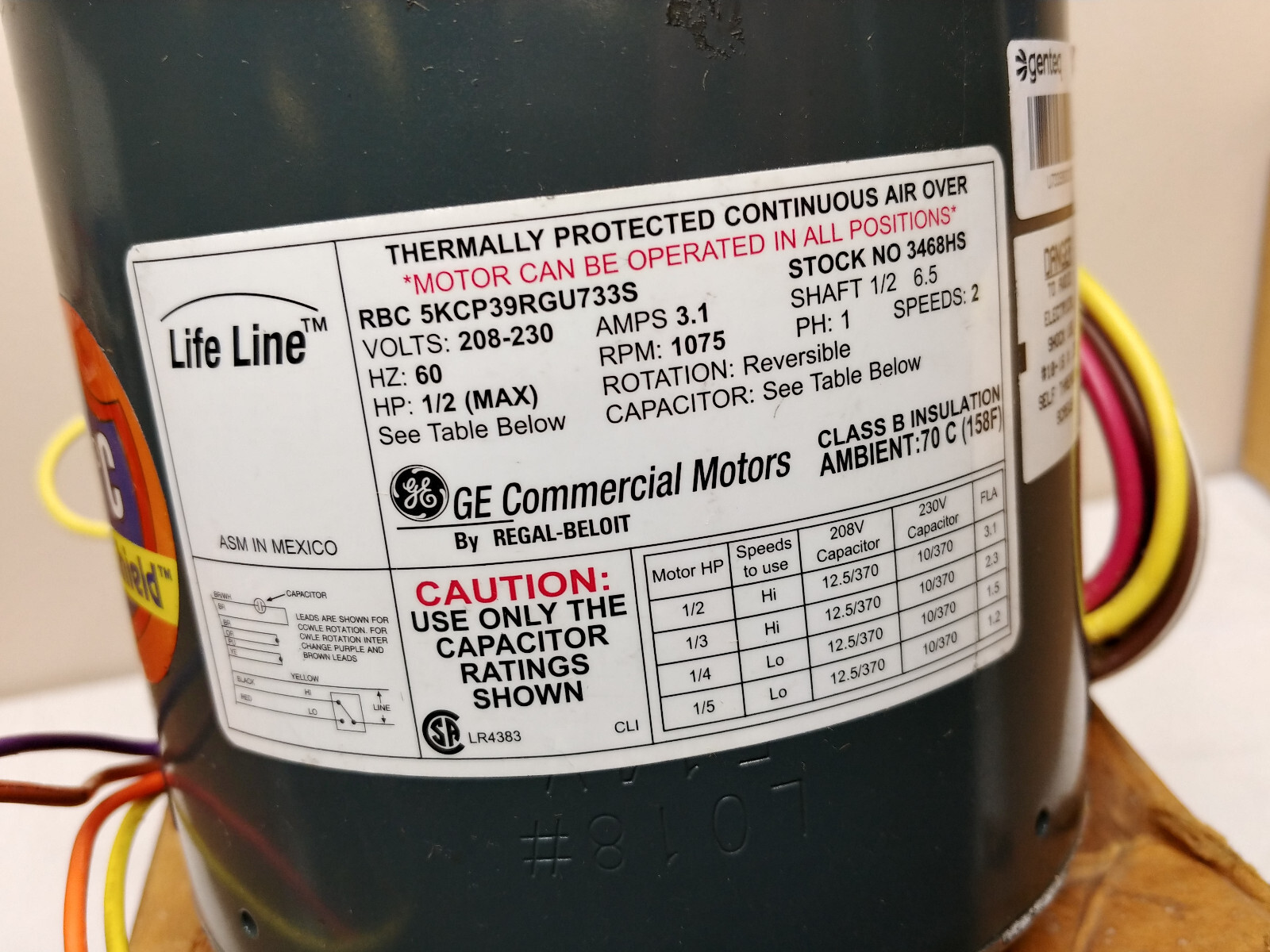 Genteq 3468HS Condenser Fan Motor 1/2Hp 208/230V New-Old Stock