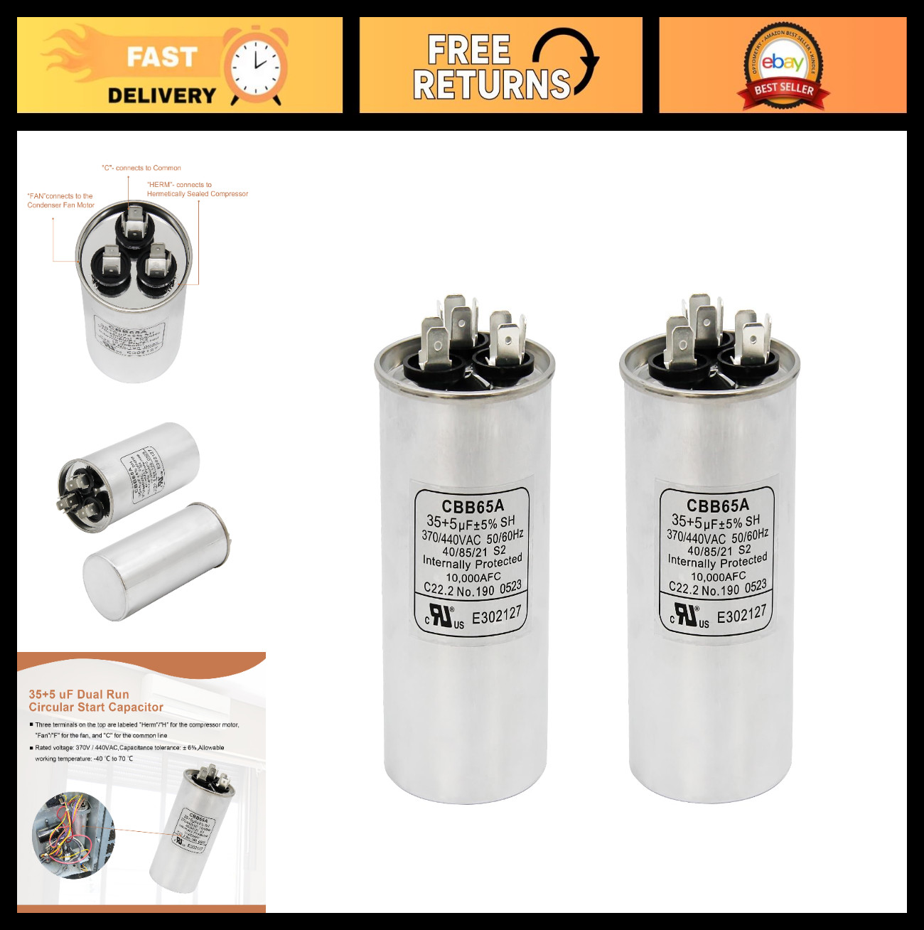 2 Pack 35/5 uF Dual Run Capacitor 370/440V for AC Motor, Heat Pump, HVAC Use