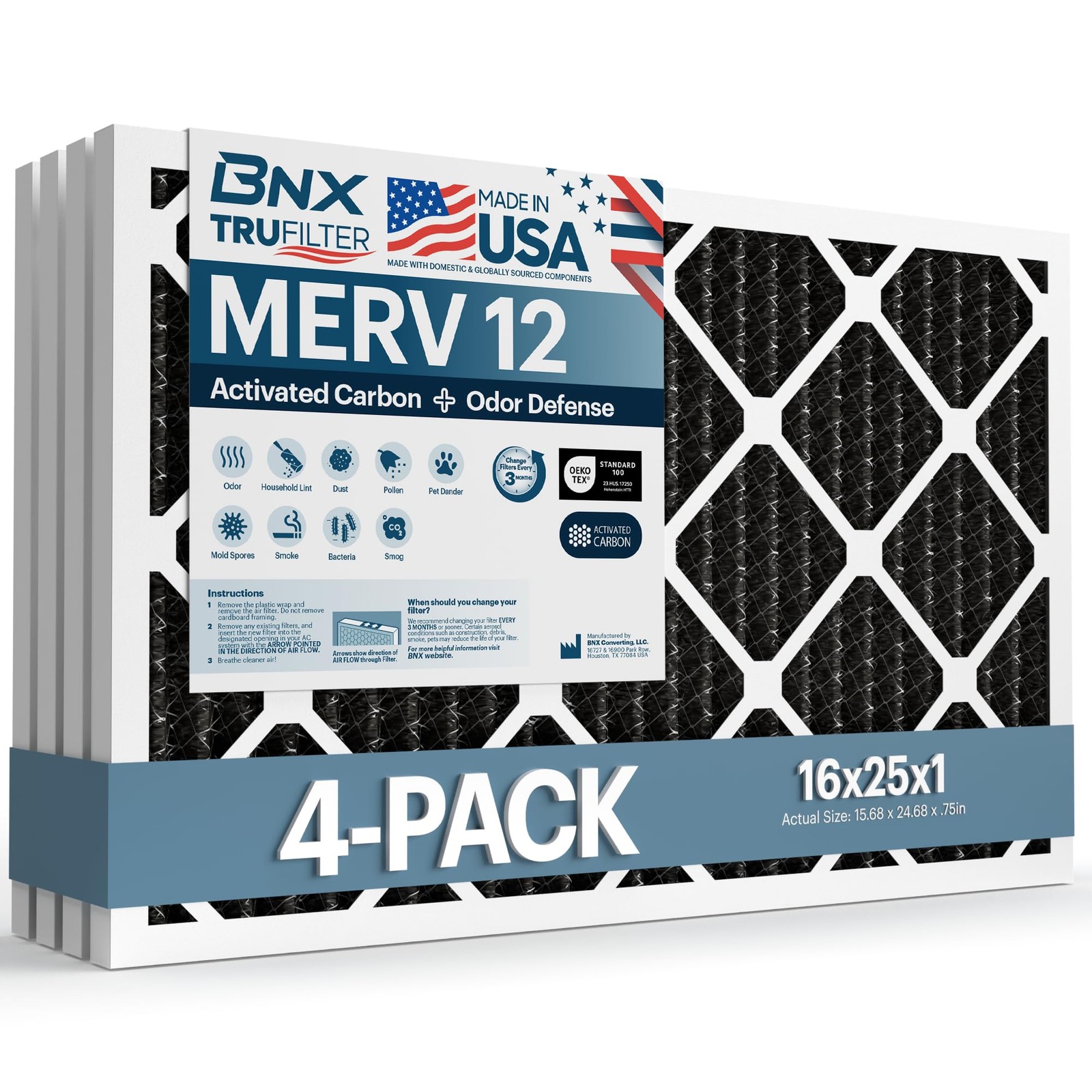 Bnx Trufilter 16X25X1 Merv 12 Odor Defense 4-Pack Ac Furnace Air Filter
