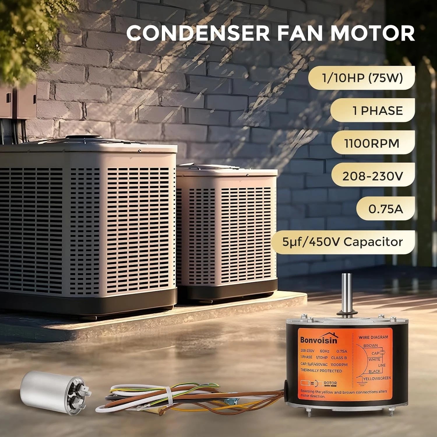 Condenser Fan Motor 1/10 HP, 1100 RPM, AC Replacement Condenser Fan Motor wit…