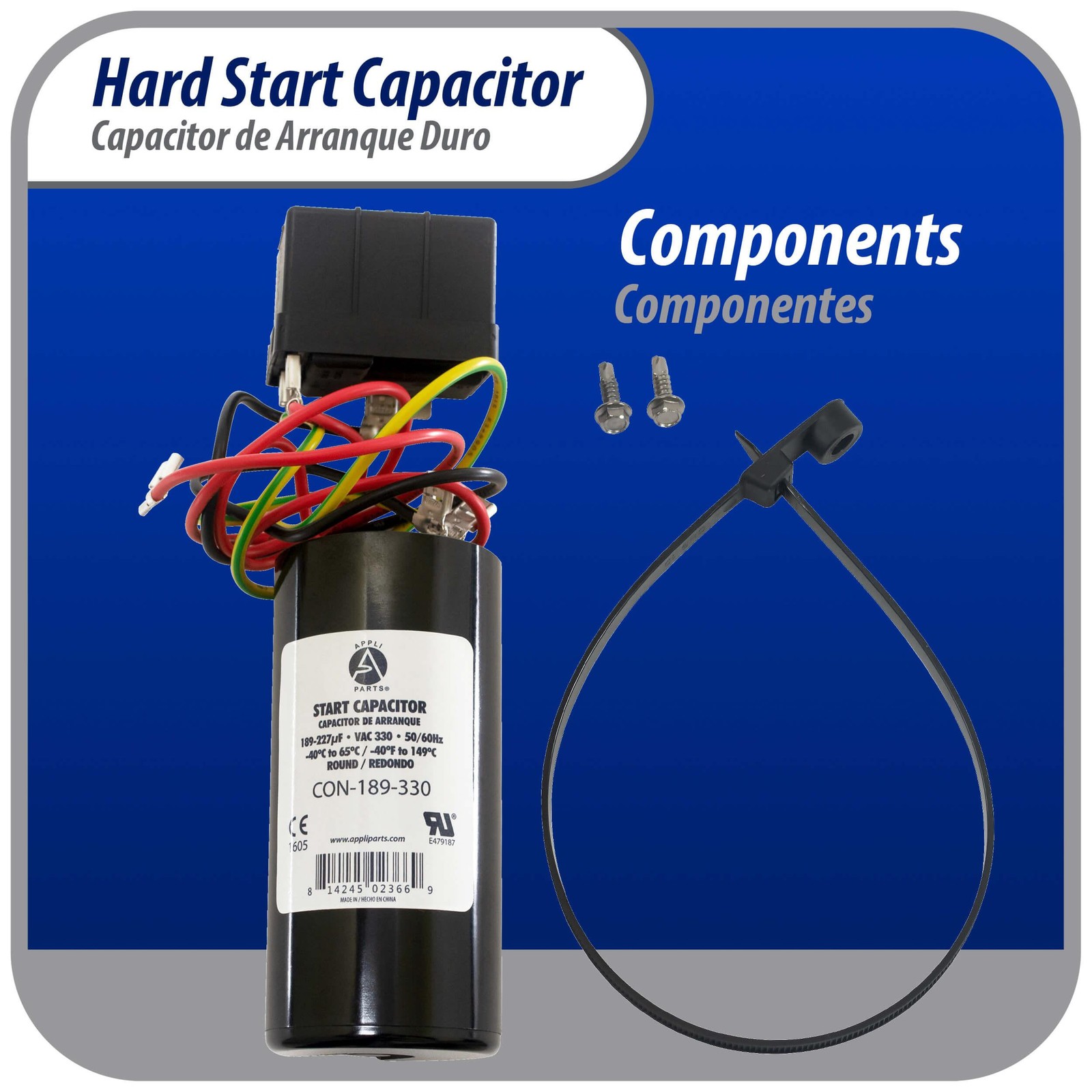Appli Parts Hard Start kit for air conditioner includes Capacitor 189-227MFD 330