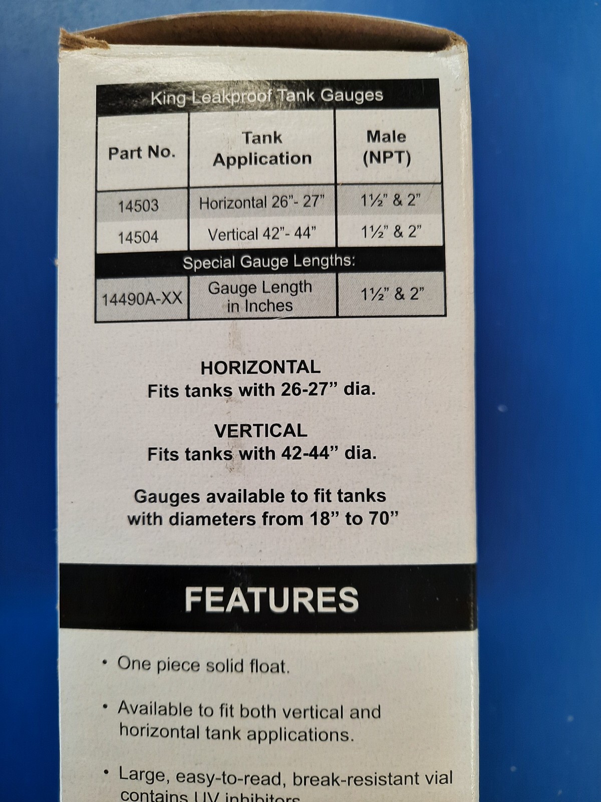 BECKETT – 14503 TANK GAUGE 1-1/2″ & 2″ NPT – HORIZONTAL 26-27″ TANK