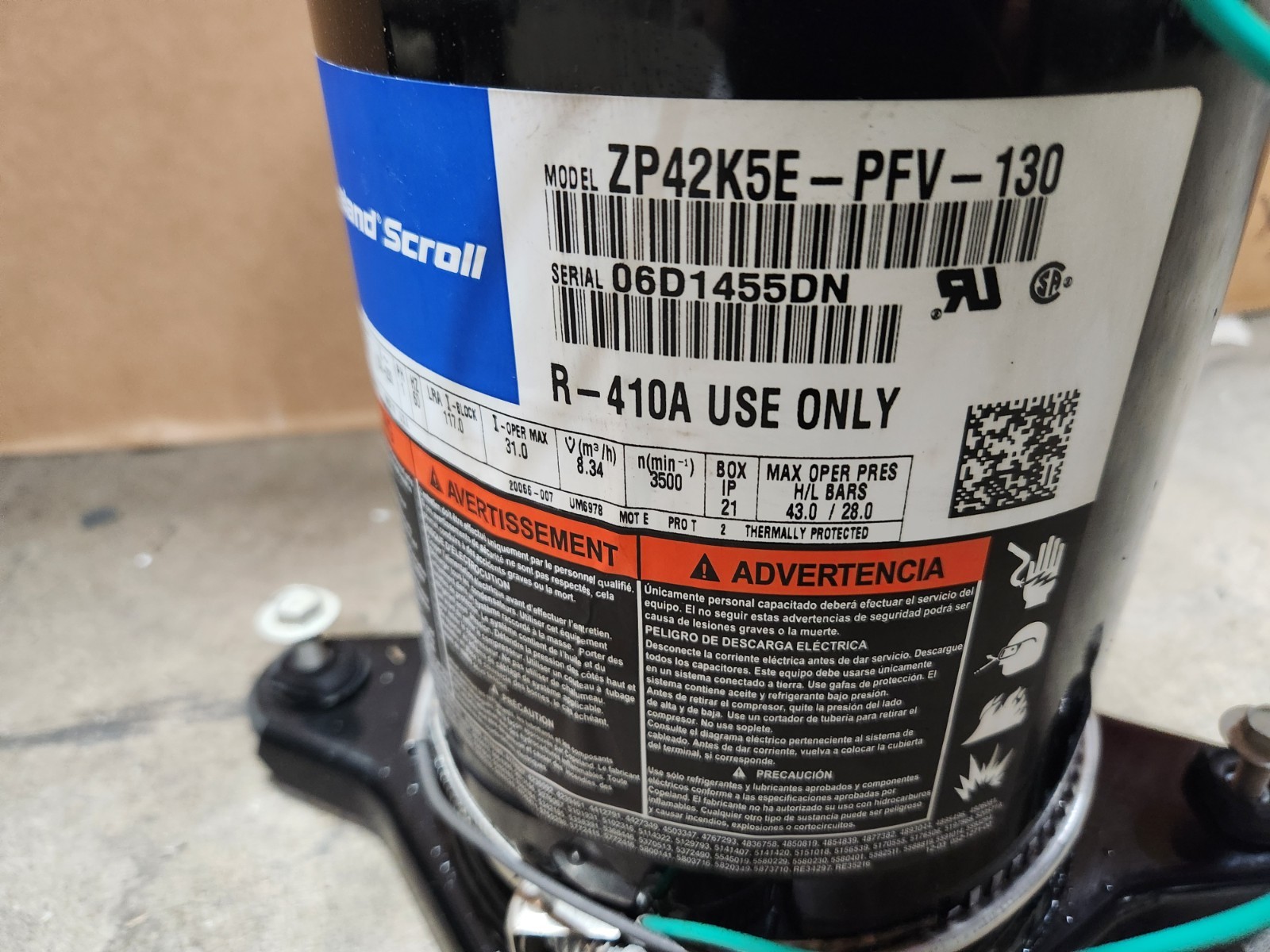 Copeland Scroll 3.5-TON 42k BTU 208/230V AC Compressor ZP42K5E-PFV-130 NEW PULL
