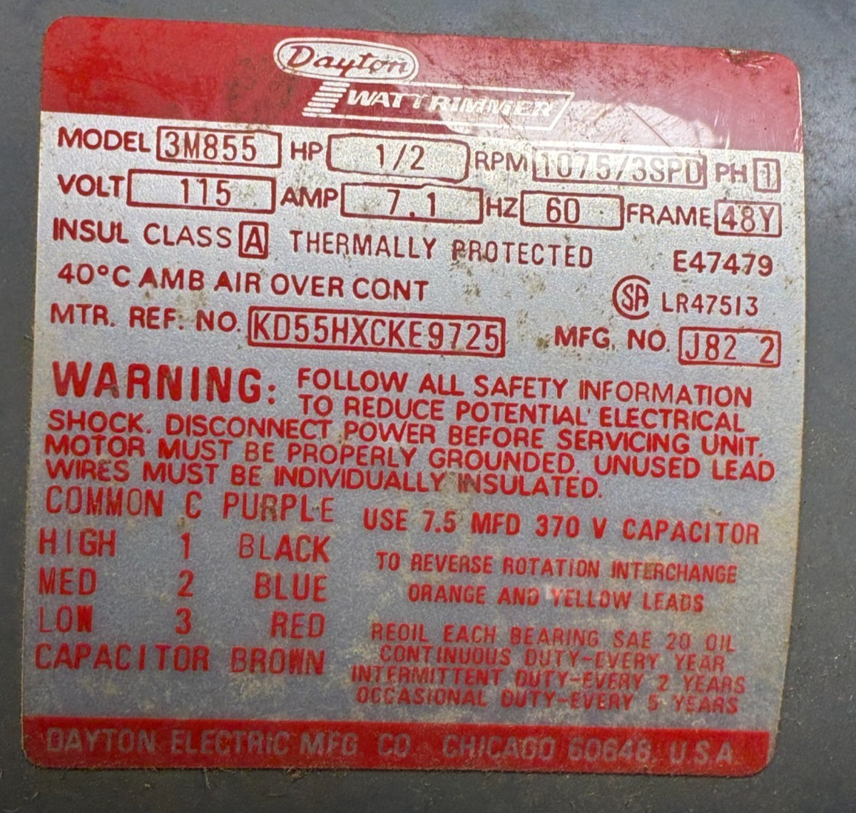 NEW OLD STOCK DAYTON HVAC 3M855 FURNACE AIR HANDLER BLOWER MOTOR 1/2 HP 3 SPEED