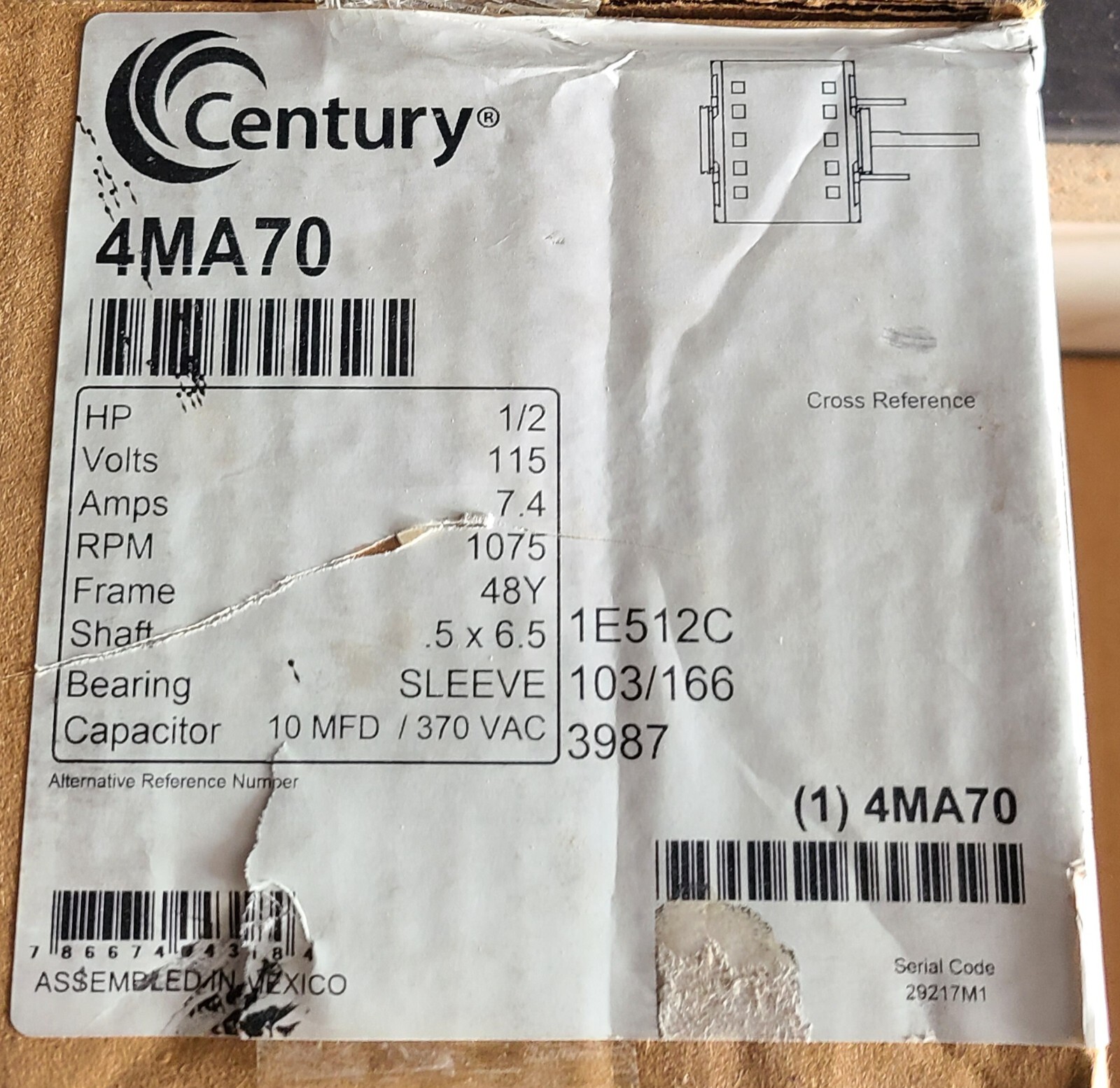 CENTURY 4MA70 Blower Motor 3 Speed, Open Air-Over, Ring Mount, 1/2 HP, 1075 RPM