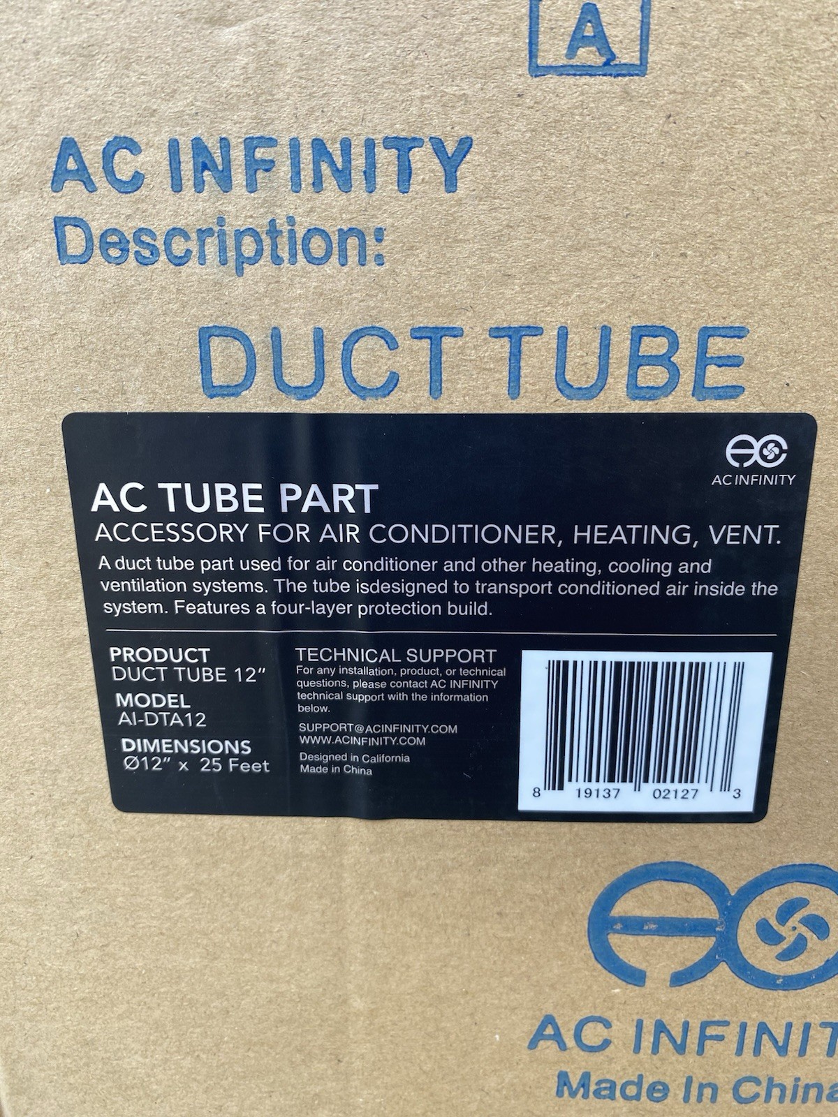 AC Infinity AI-DTA12 Flexible Round Duct Hose 12 in x 25 ft Black – MSRP $58.99
