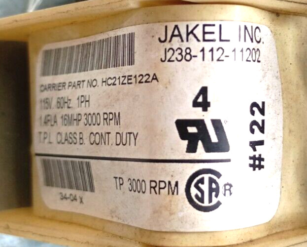 JAKEL J238-112-11202 Draft Inducer Blower Motor HC21ZE122A used refurb. #RMA265A