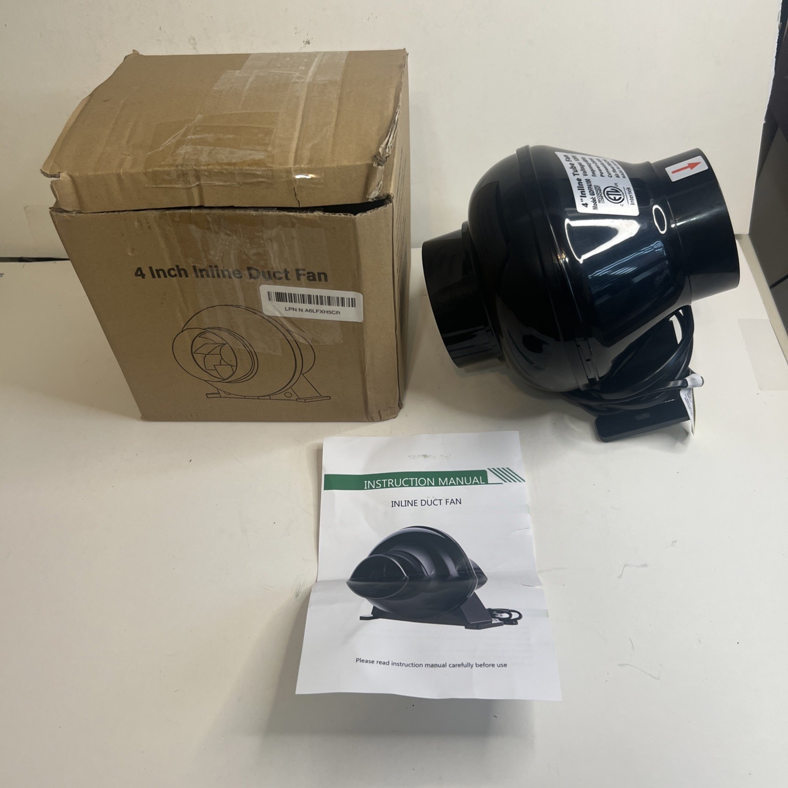 Intertek 4″ Inline Tube Fan 120v Speed 2500rpm Current 0.45A 60Hz Tested 28w