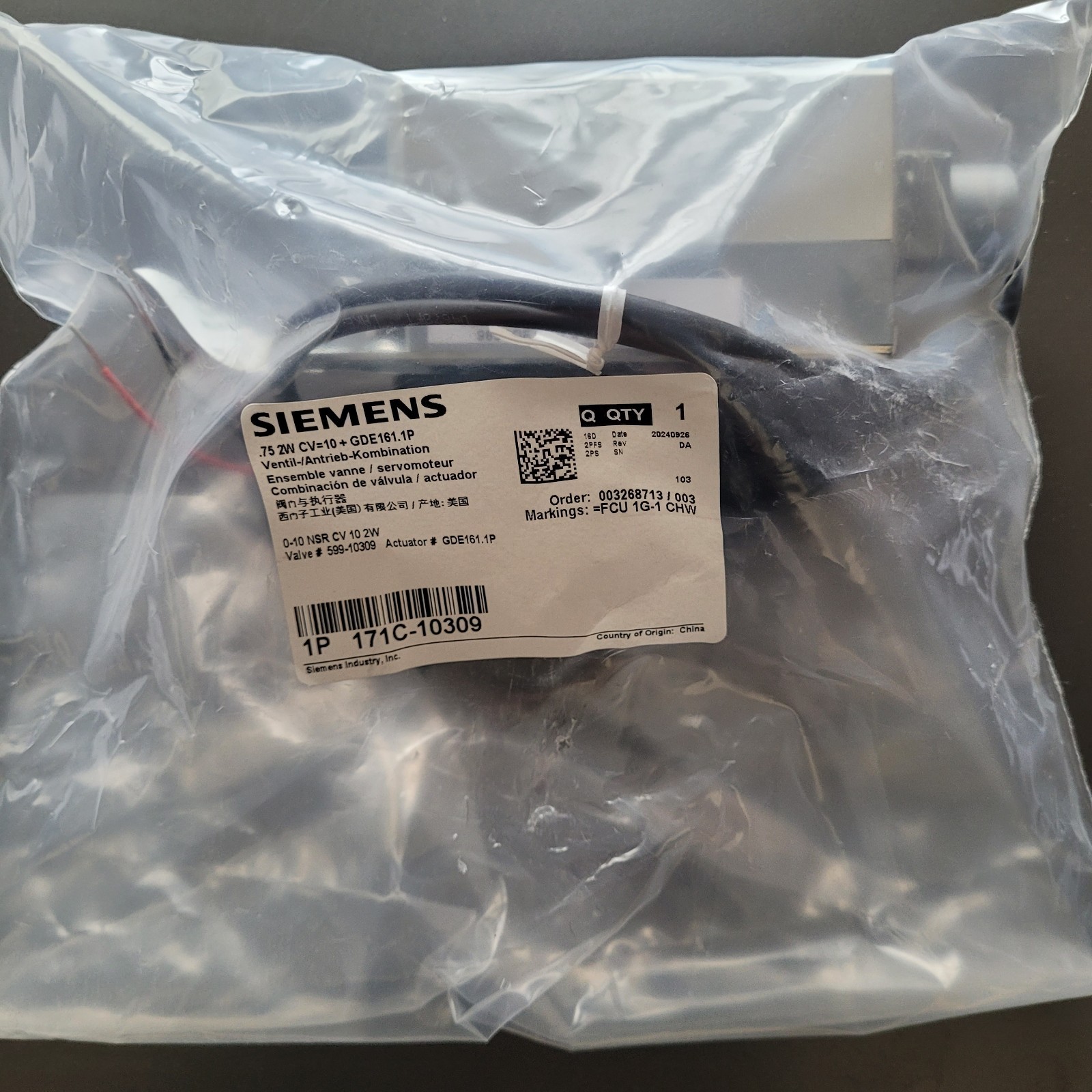 Siemens 171C-10309 2-way Ball Valve Cv=10 0-10V Actuator GED161.1P